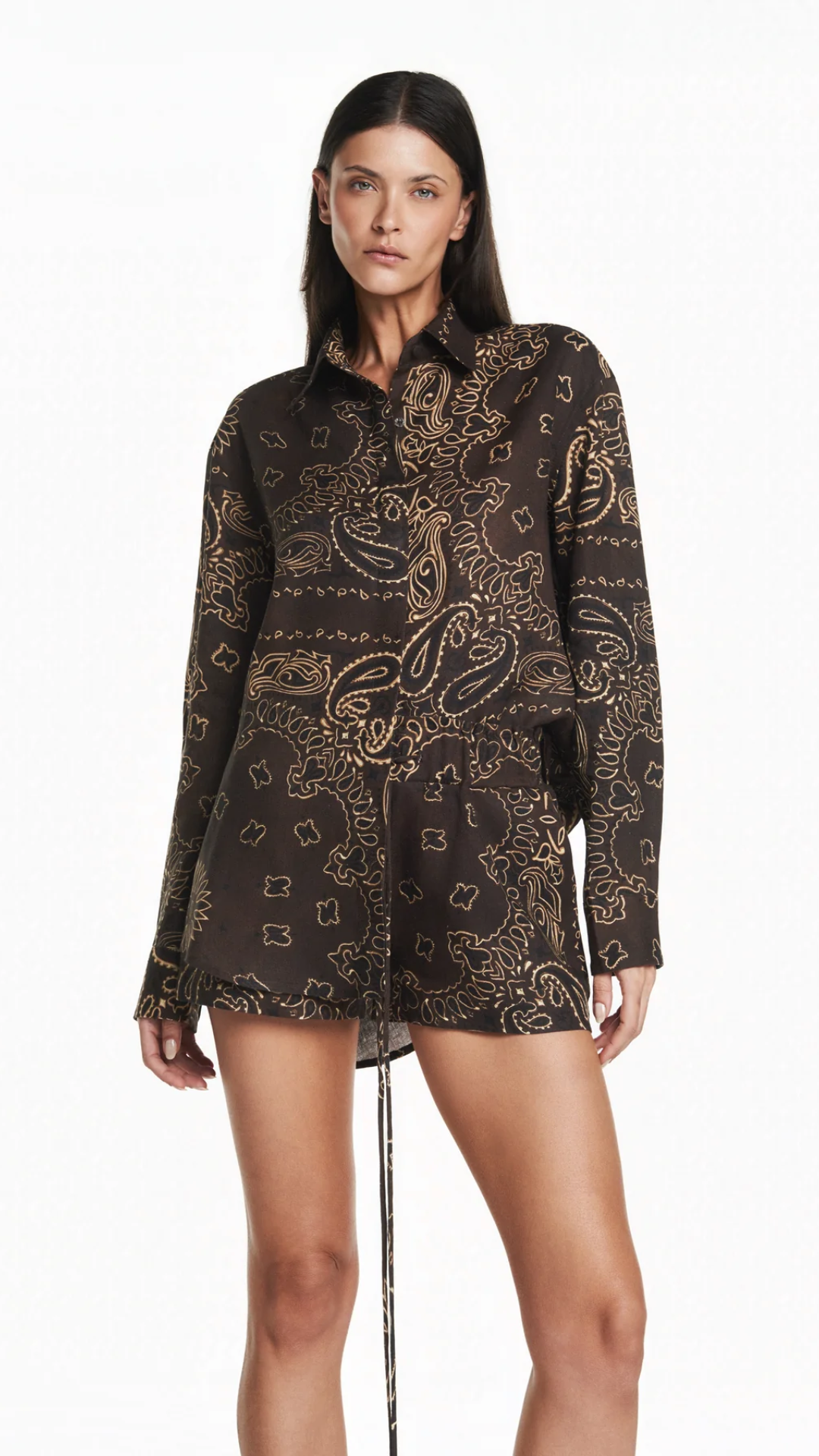 Shorts Elástico Cós Linho Bandana Marrom