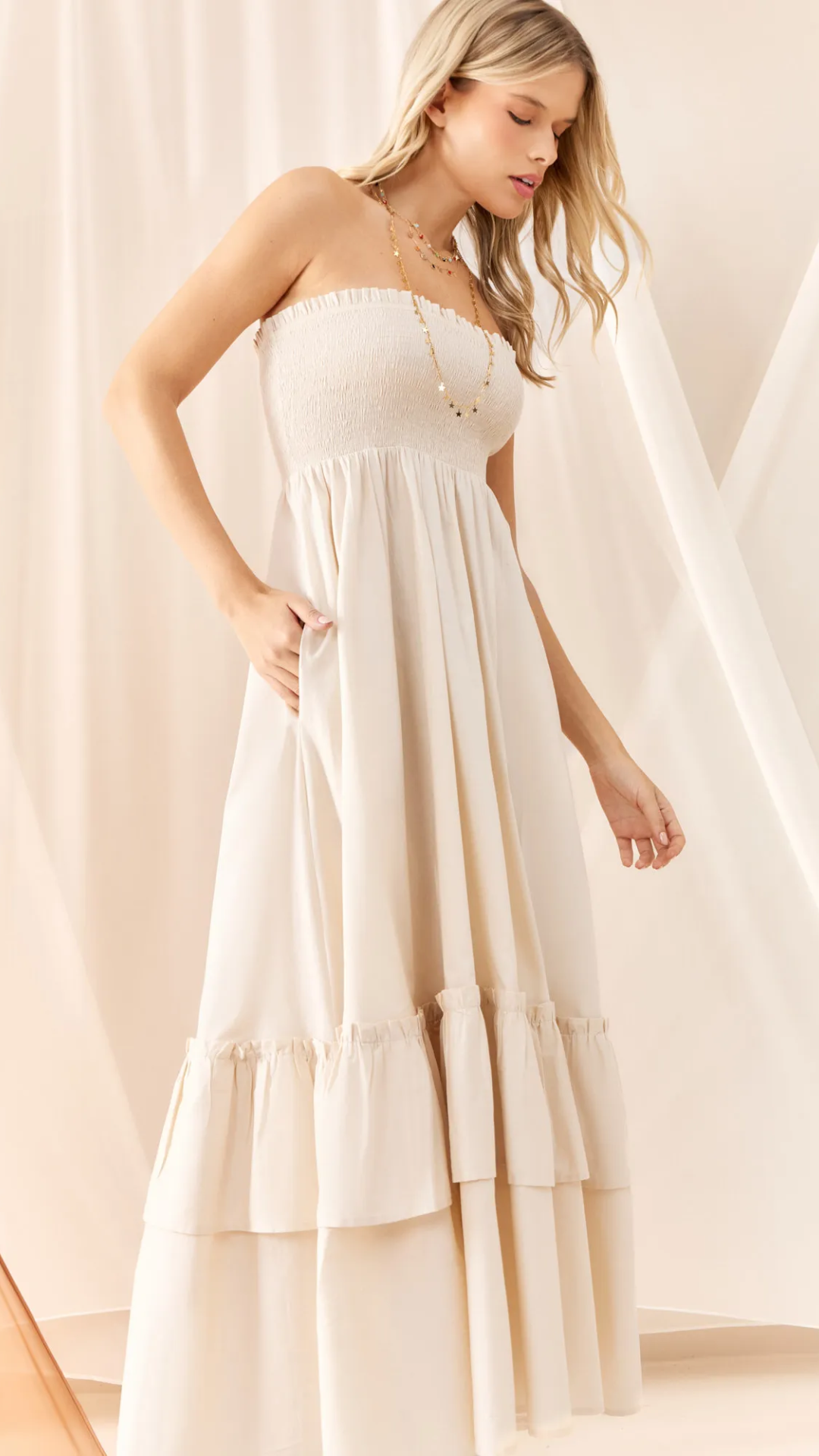 Vestido Tricoline Lastex Bege Camomila