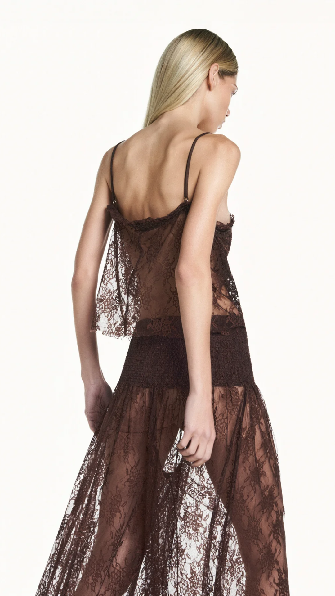 Regata Alça Babados Frontais Marrom