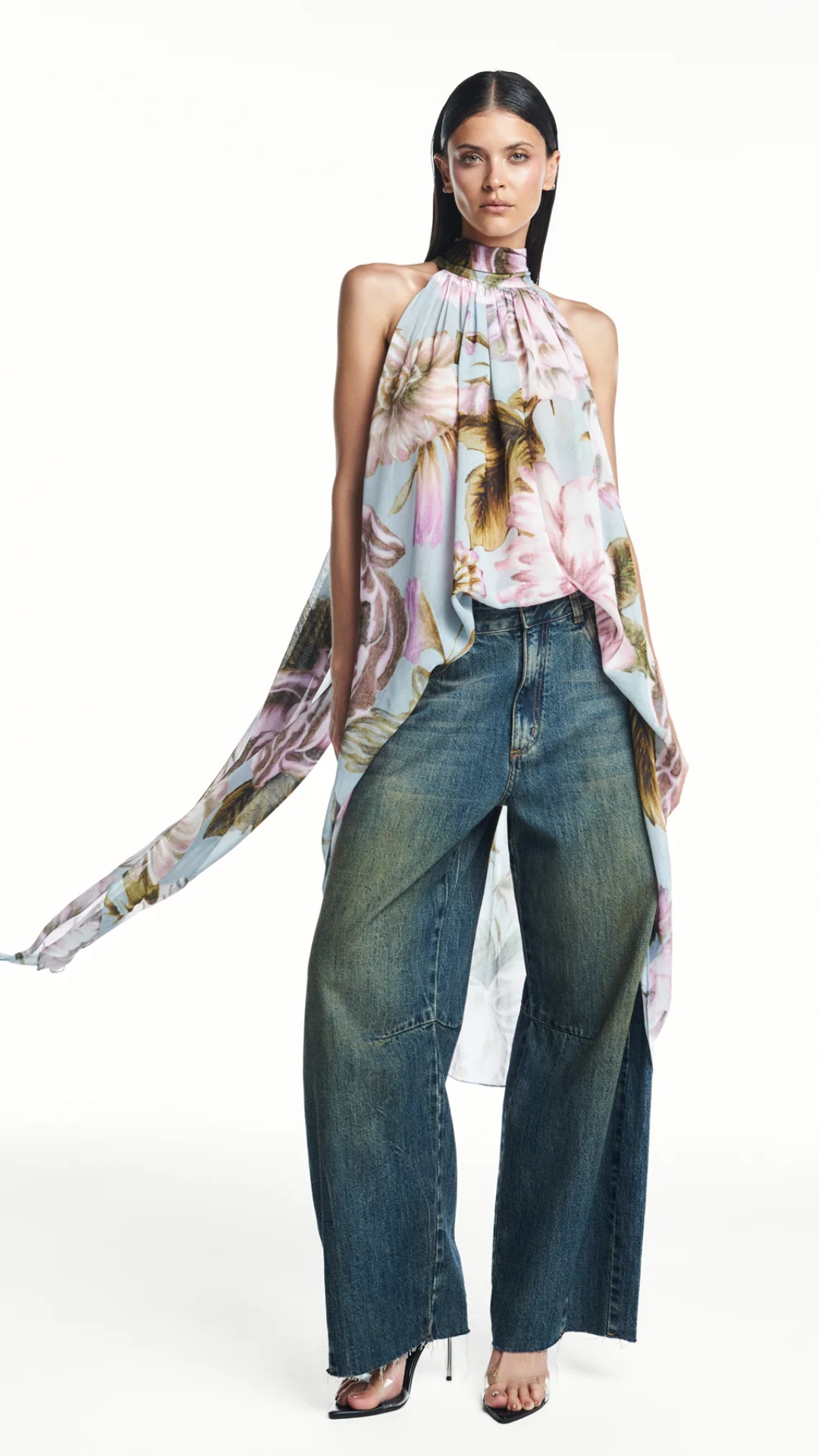 Blusa Gola Alta Mullet Floral Azul