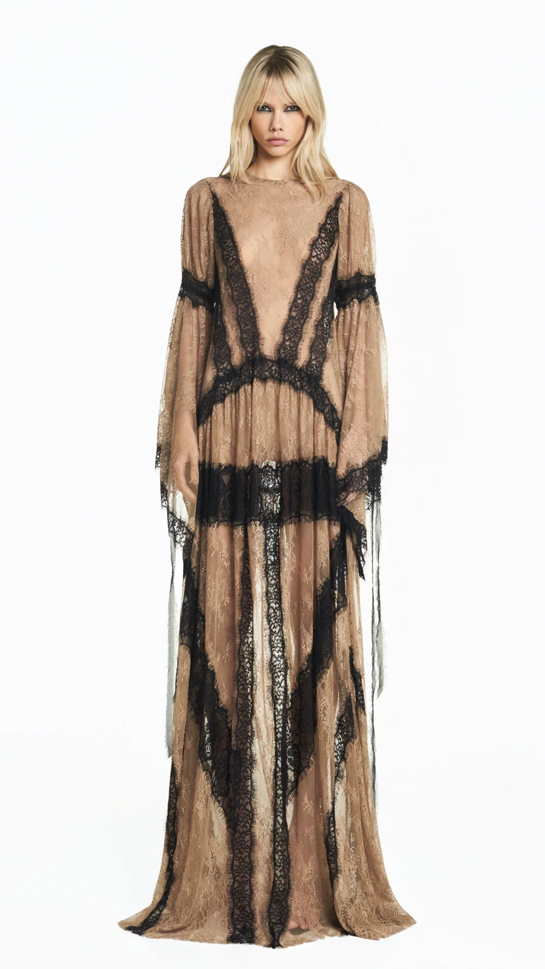 Vestido Longo com Manga Renda Bege Escuro com Renda Preta