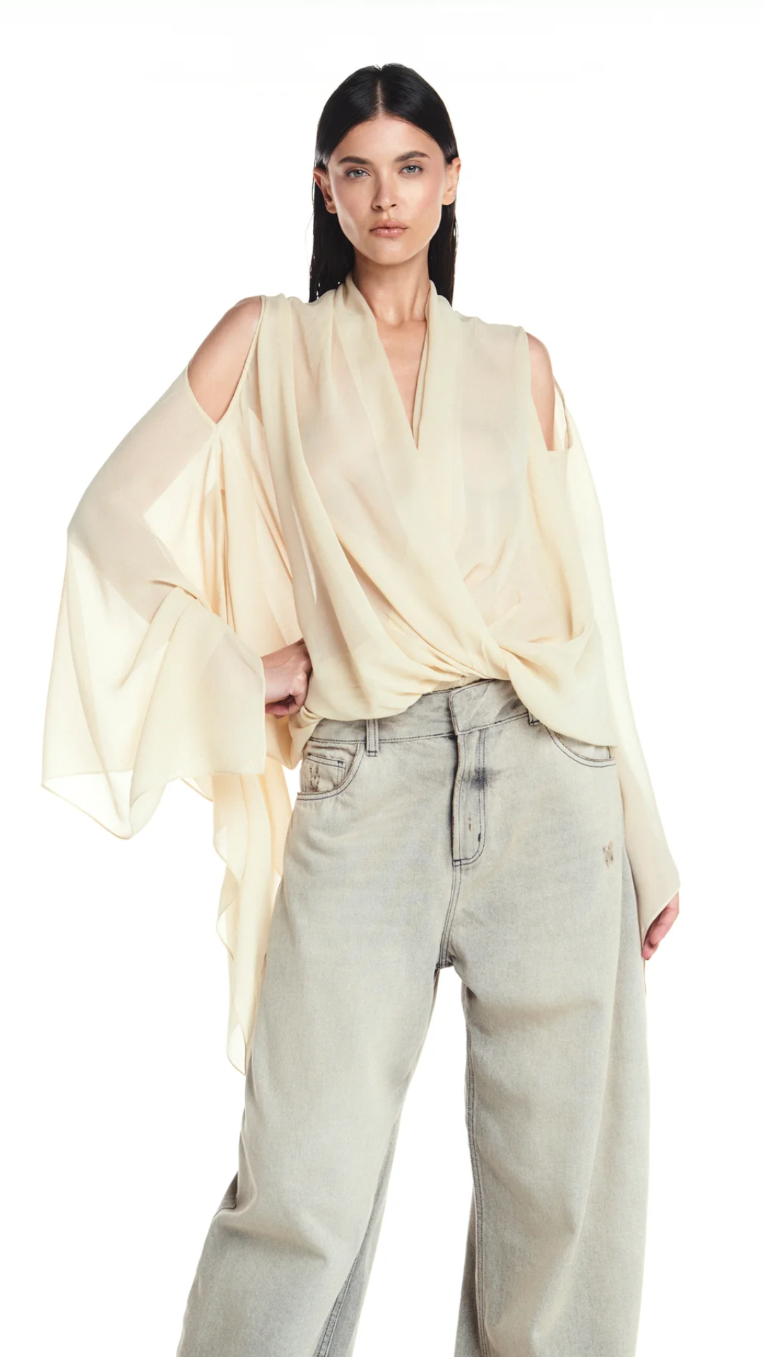 Blusa Decote Transpasse Manga Ampla Manteiga