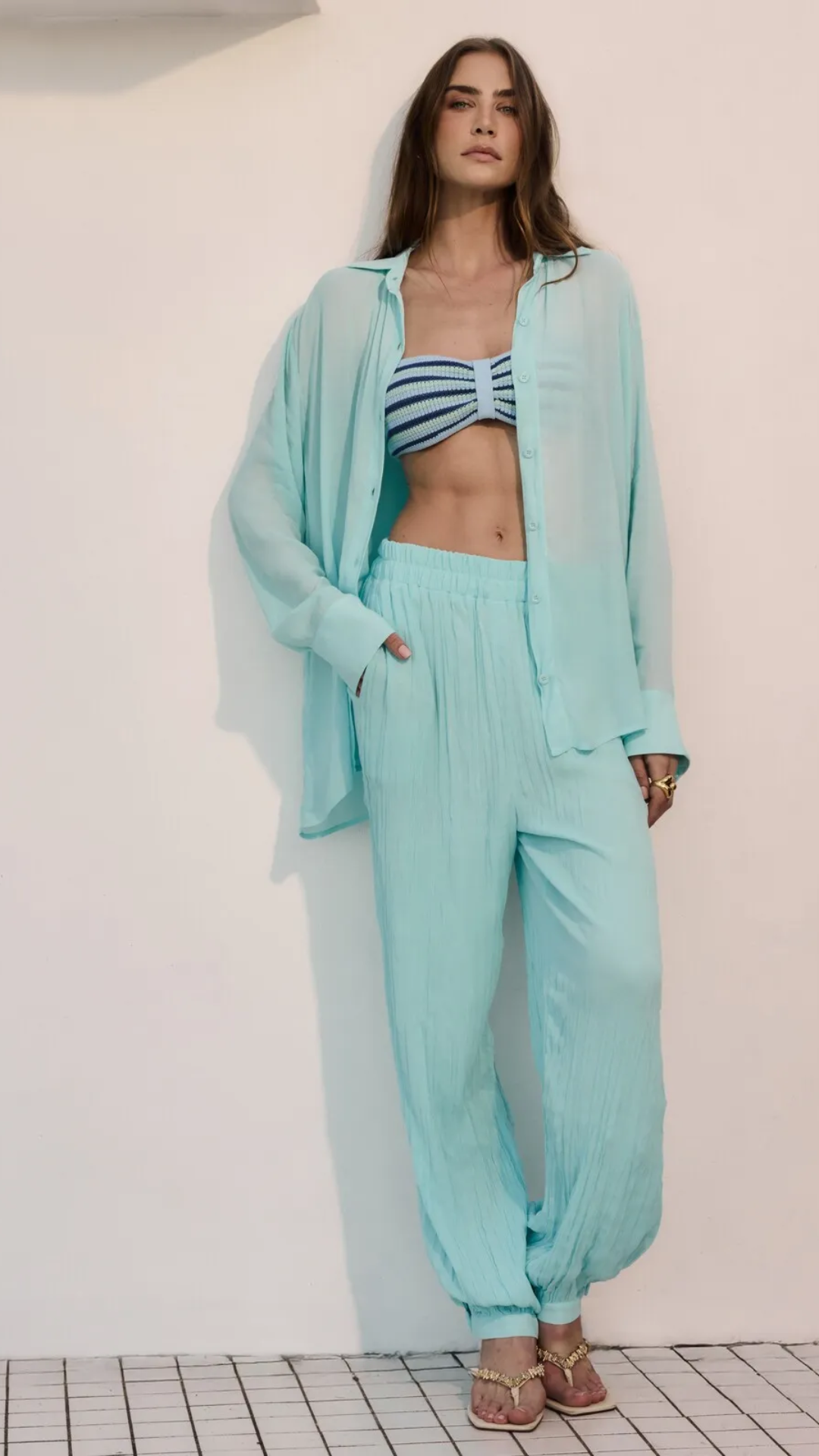 Conjunto Azul Acqua Camisa e Calça Plissada