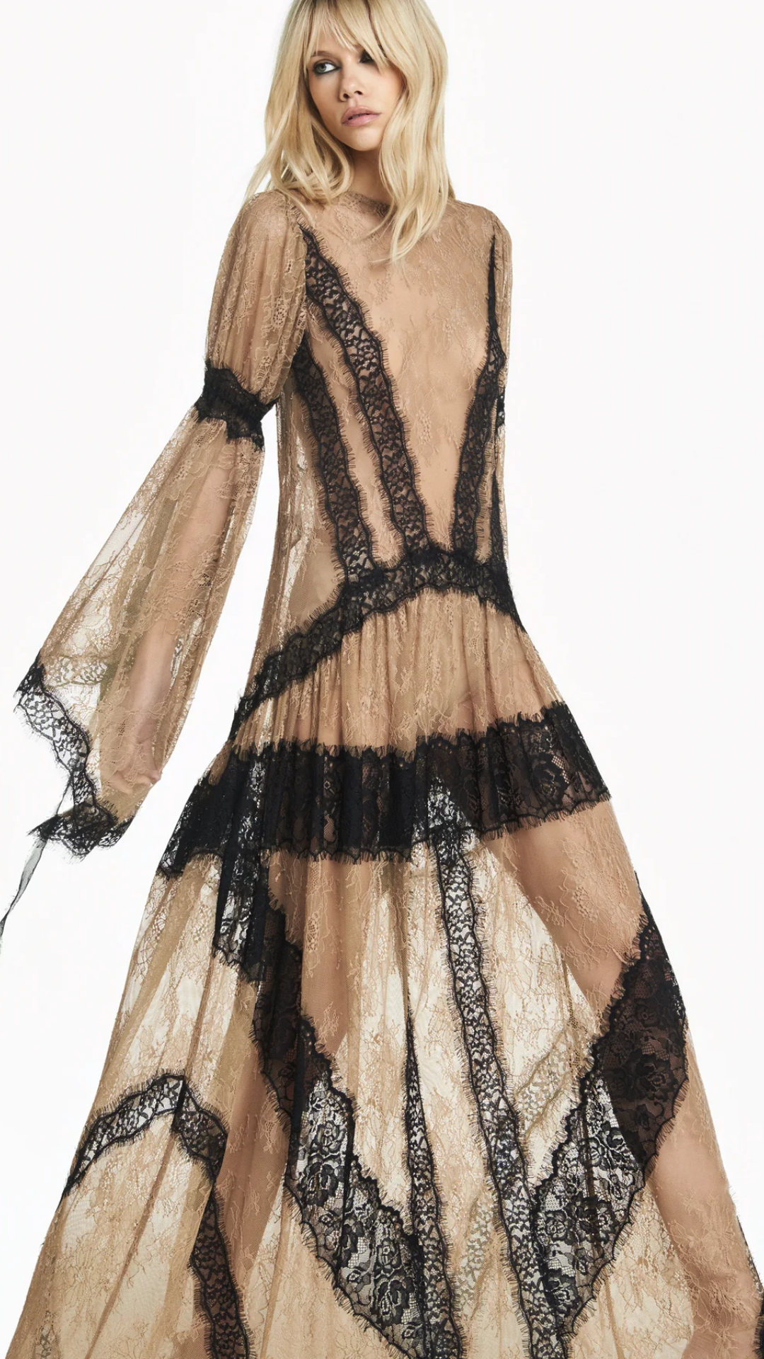 Vestido Longo com Manga Renda Bege Escuro com Renda Preta