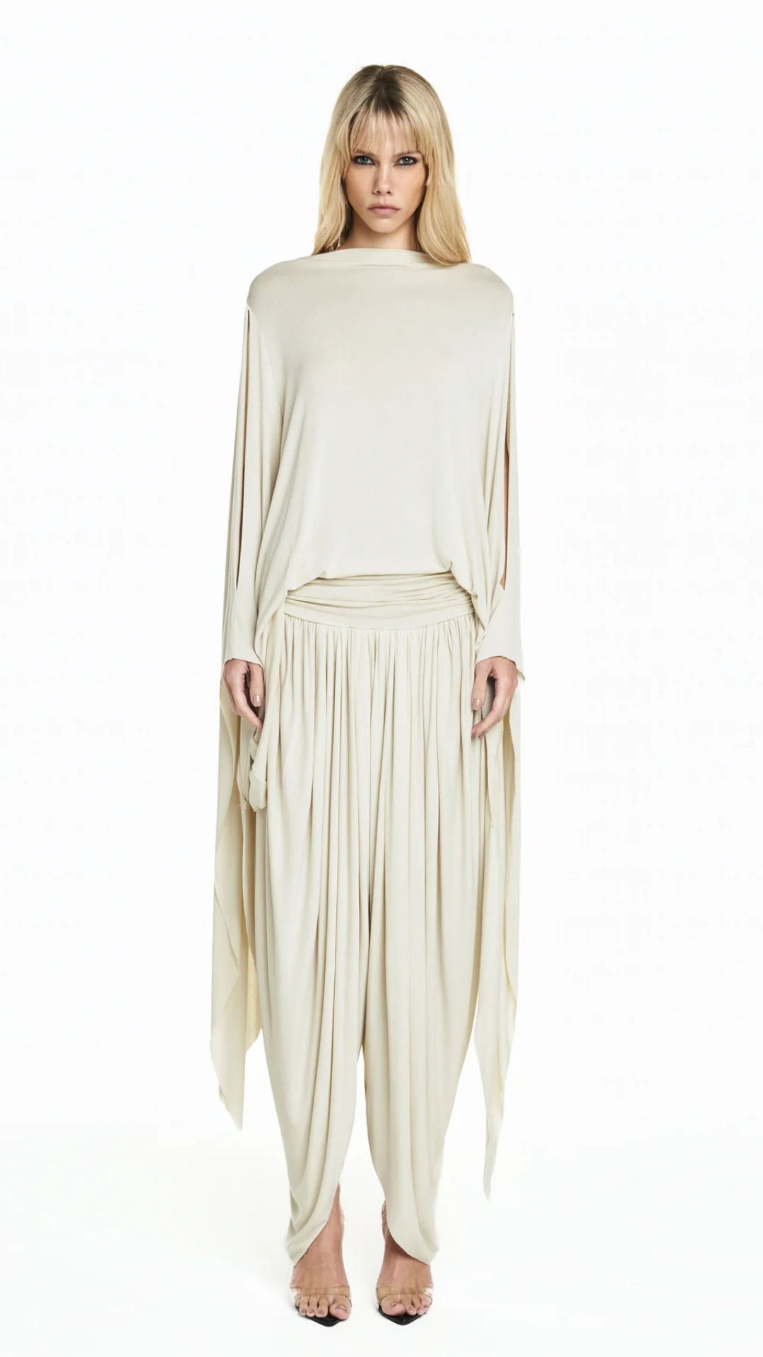 Calça Pala Drapeada Perna Ampla Malha Bege