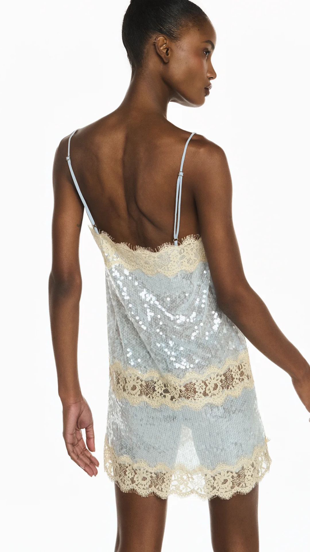Vestido Curto Paetê Azul Renda Bege