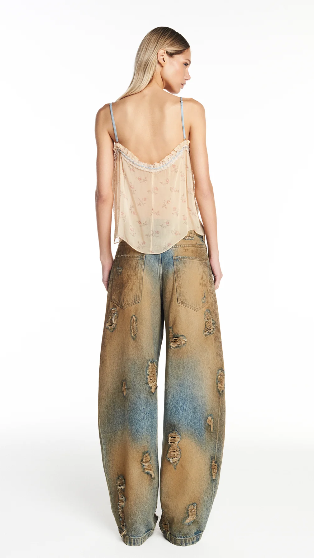 Calça Jeans Balloon Manchada com Rasgos