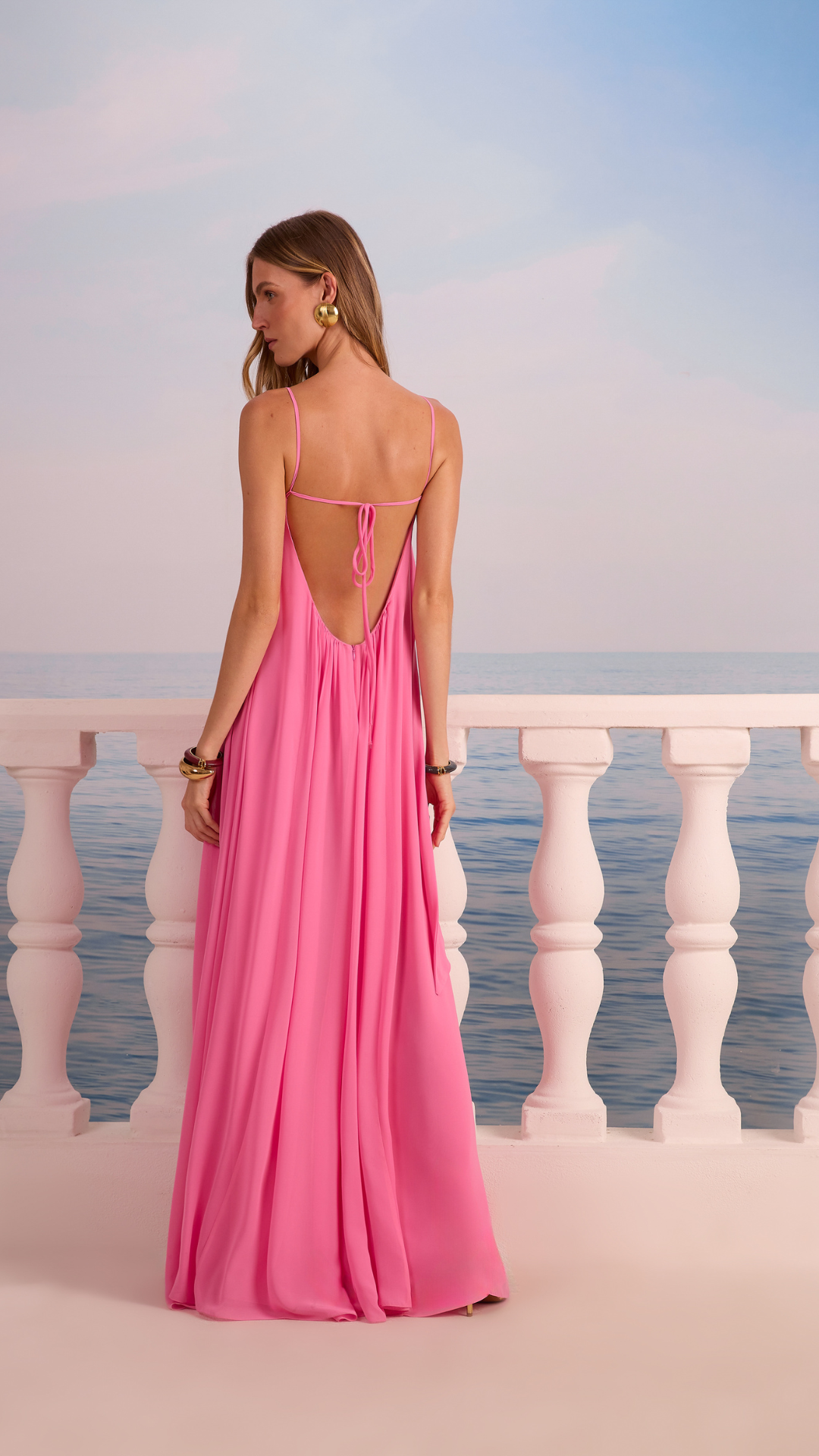 Vestido Decote Faixas Rosa Corinna
