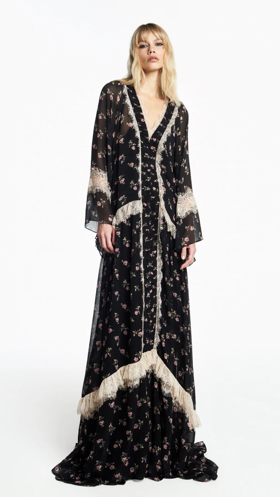 Vestido Longo Decote V Manga Longa Chiffon Floral Preto com Renda