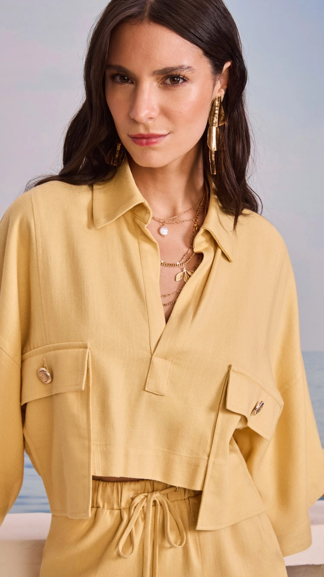 Conjunto Blusa e Calça Botões Concha Amarelo Honey