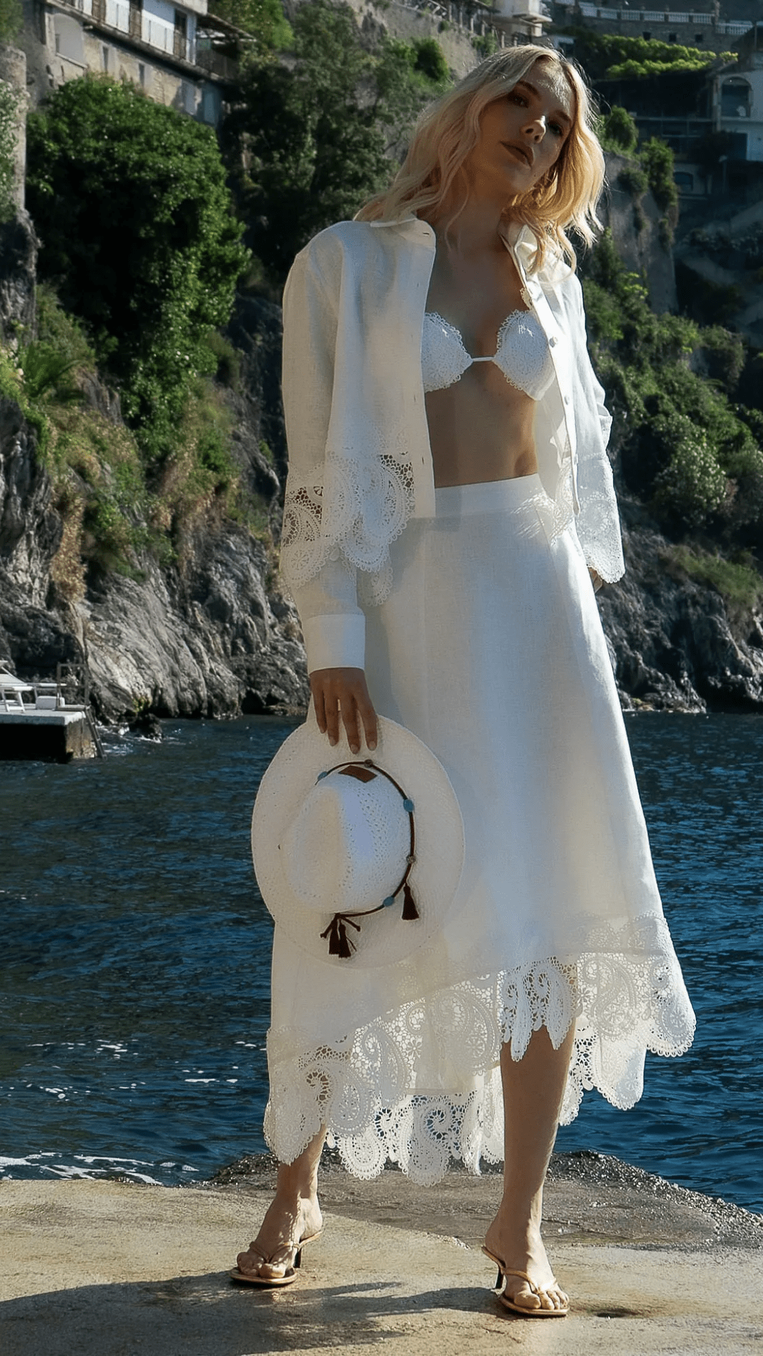 Conjunto Saia Midi Nesgas e Camisa Detalhe Renda Off White