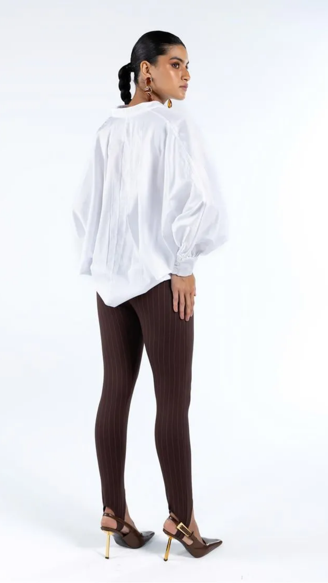 Calça Legging Fuseau Marrom Risca de Giz