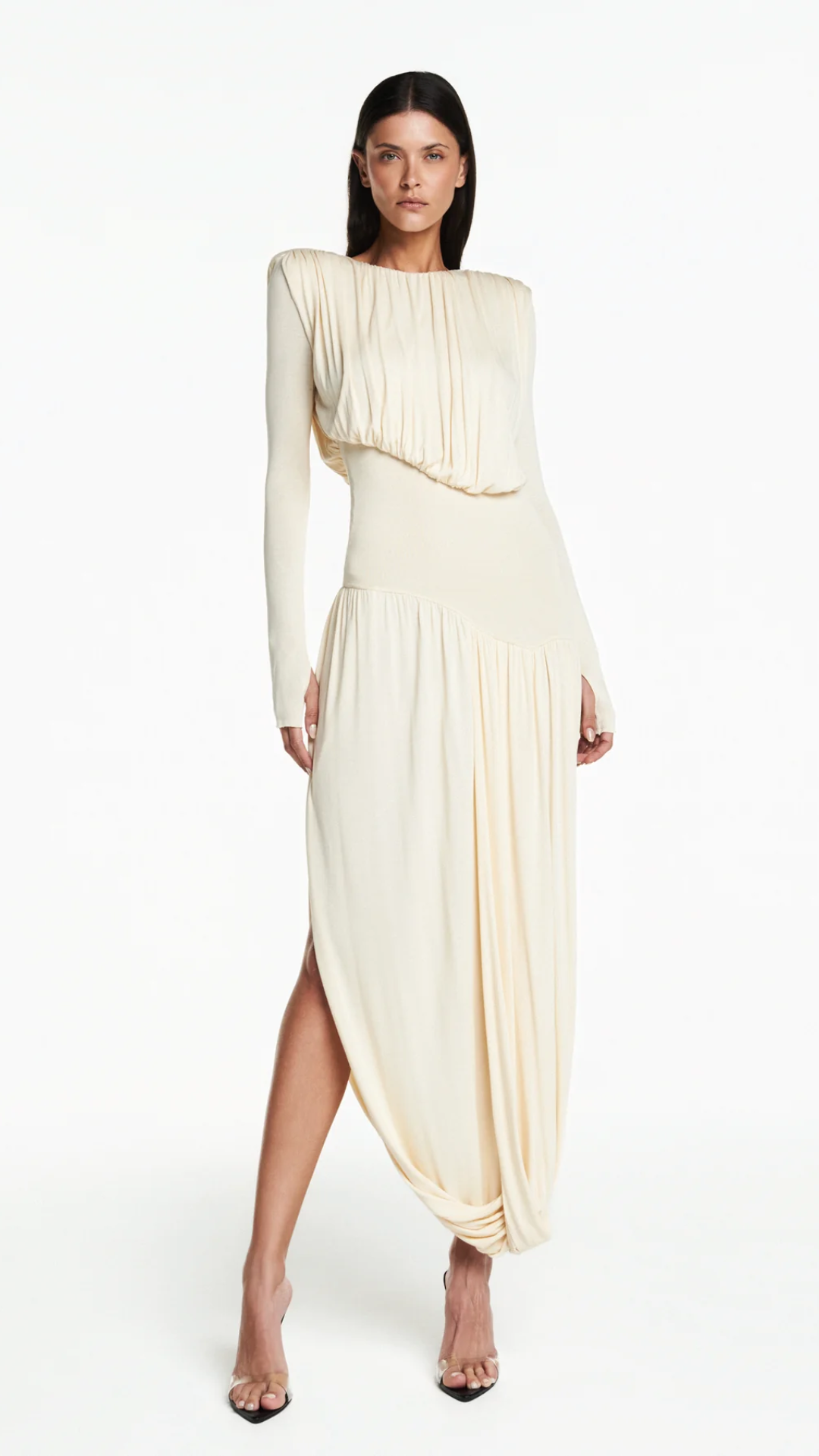 Vestido Longo Manga Longa Saia Torcida Manteiga