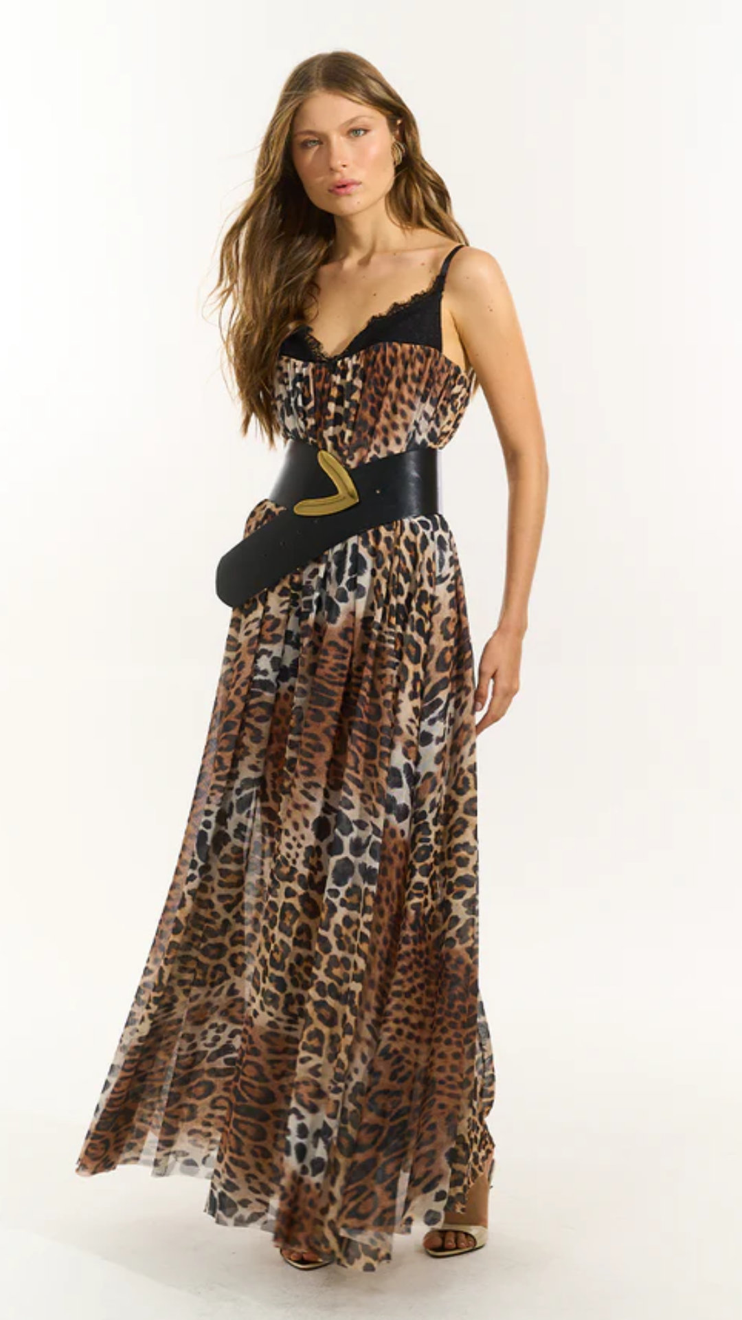 Vestido Longo Tule Estampado Brown Leopard