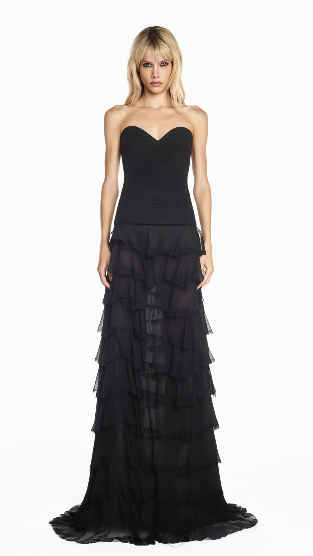 Saia Longa Babados Chiffon Preto