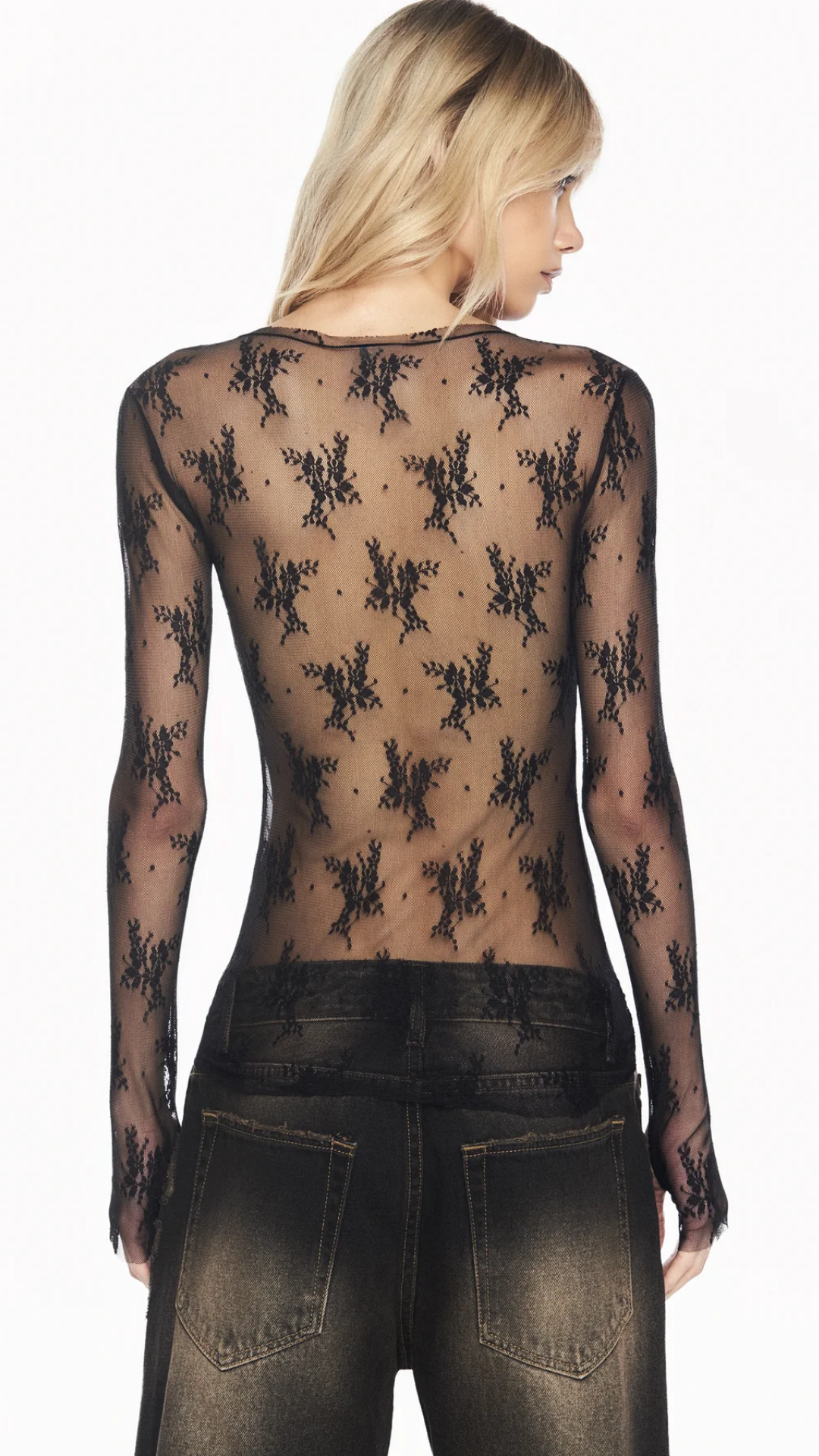 Blusa Manga Longa Renda Preta Laço Pedras