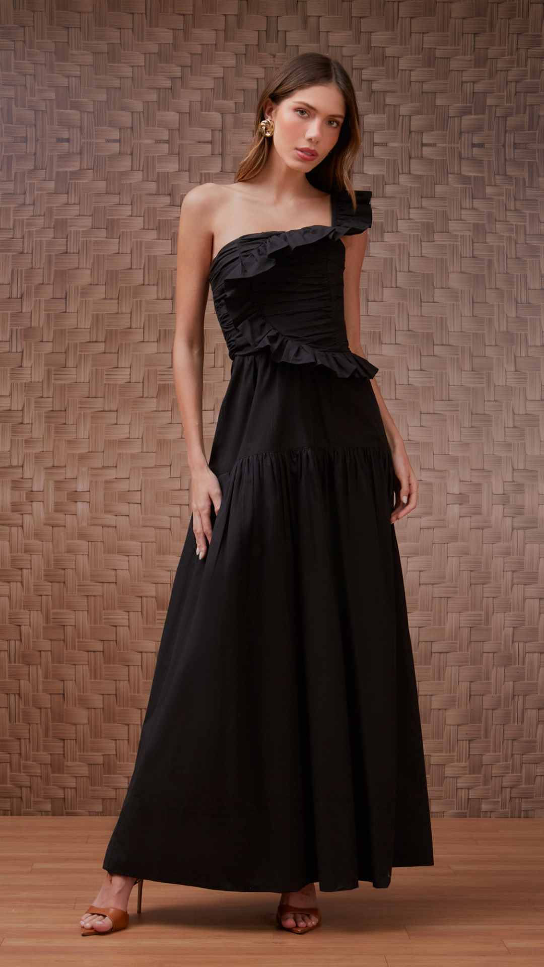 Vestido Cotton Babado Drapeado Preto