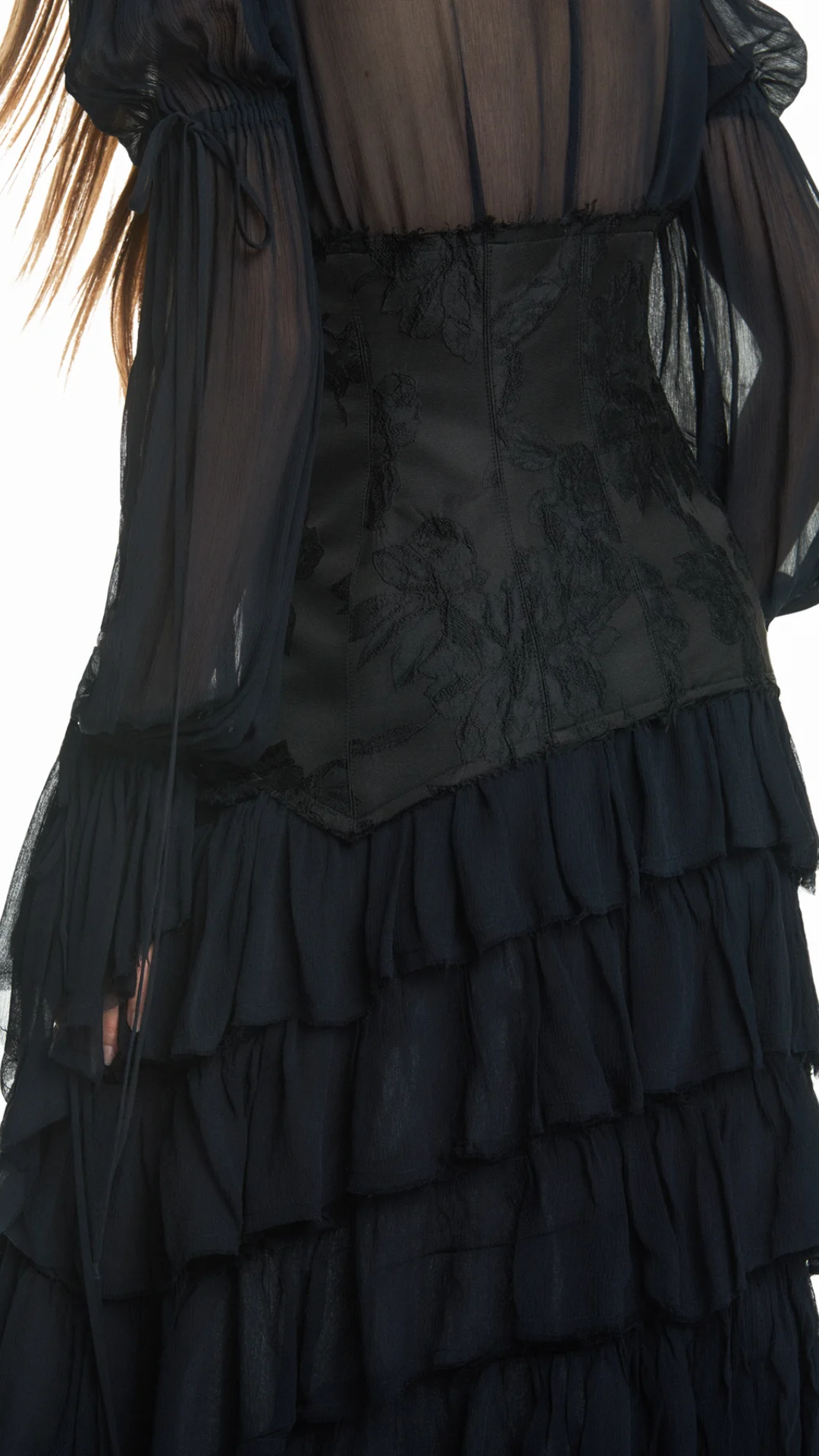 Vestido Longo Babados Manga Longa Chiffon com Corset Preto