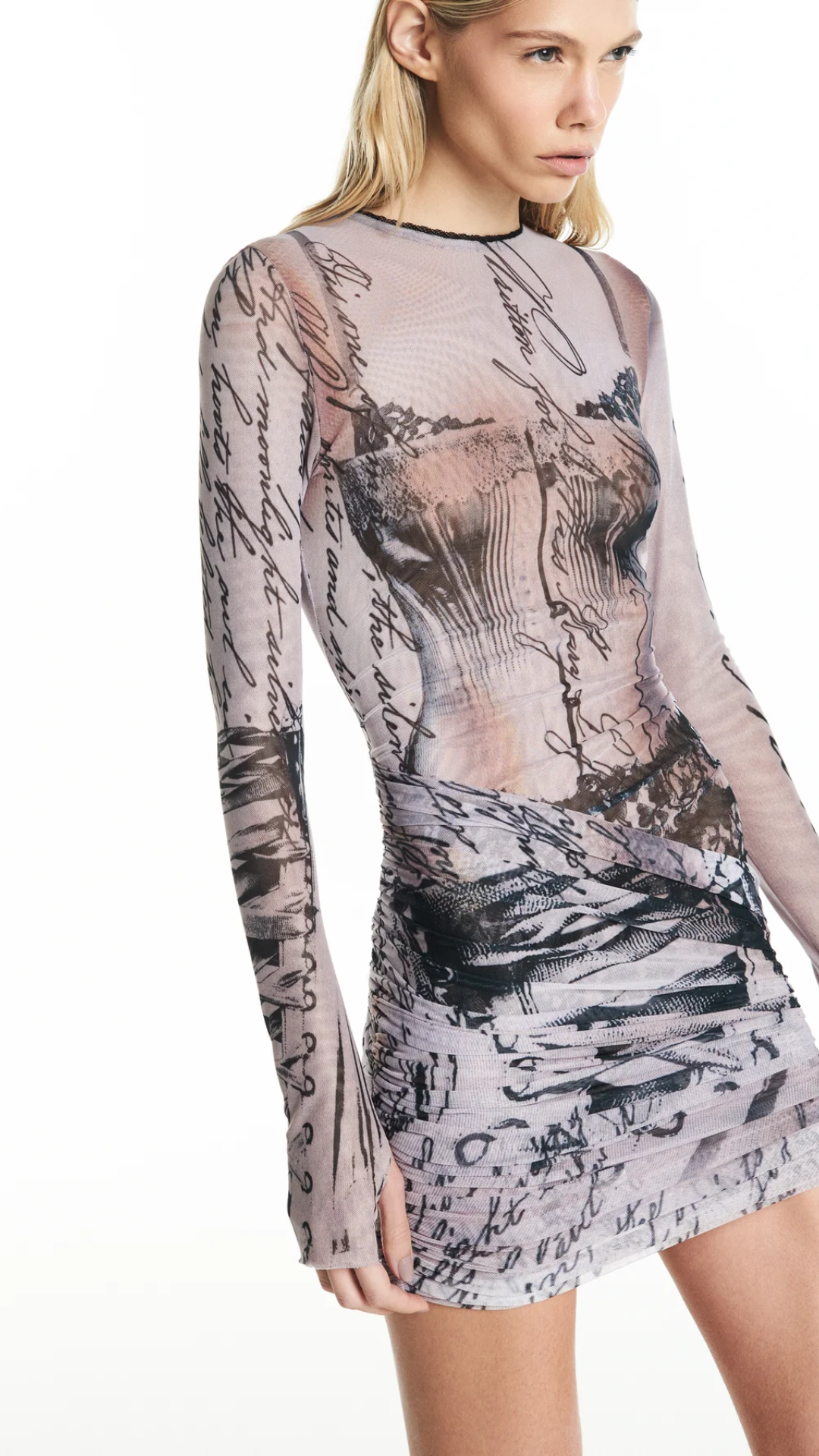 Vestido Curto Manga Longa Estampa Corset