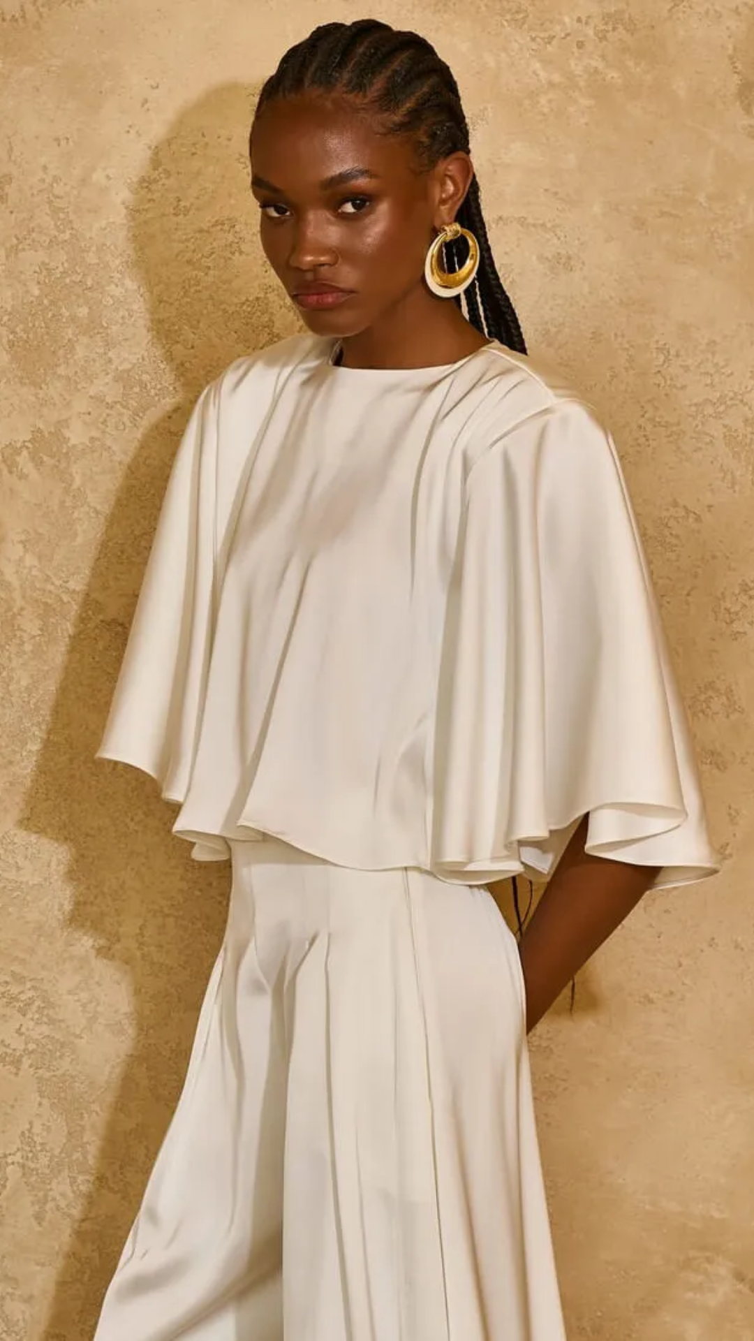Conjunto Off White Cetim Pantalona e Blusa Godê Ombreiras