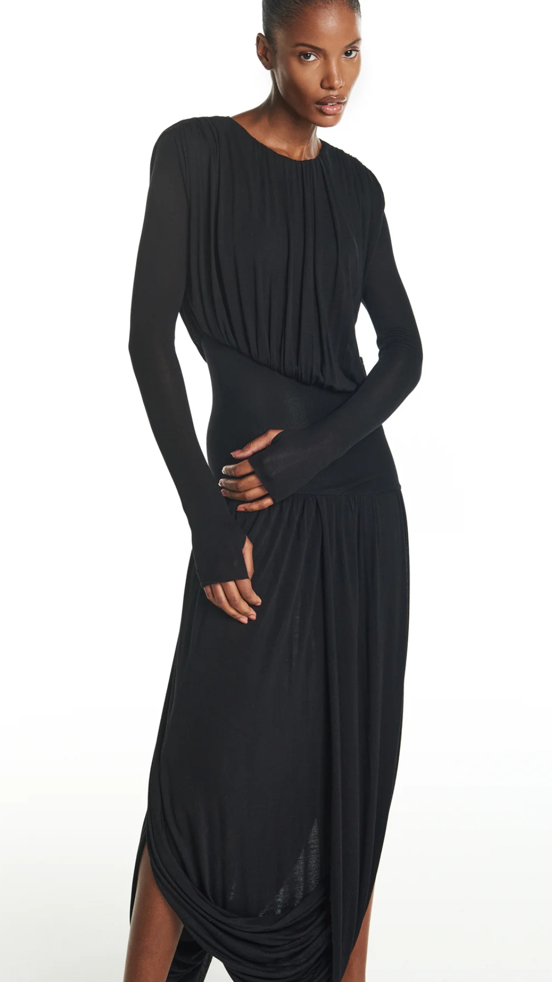 Vestido Longo Manga Longa Drapeado Preto