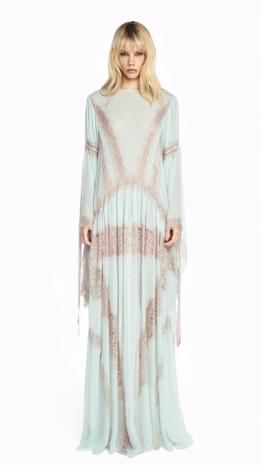 Vestido Longo Manga Longa Chiffon Verde com Renda Bege