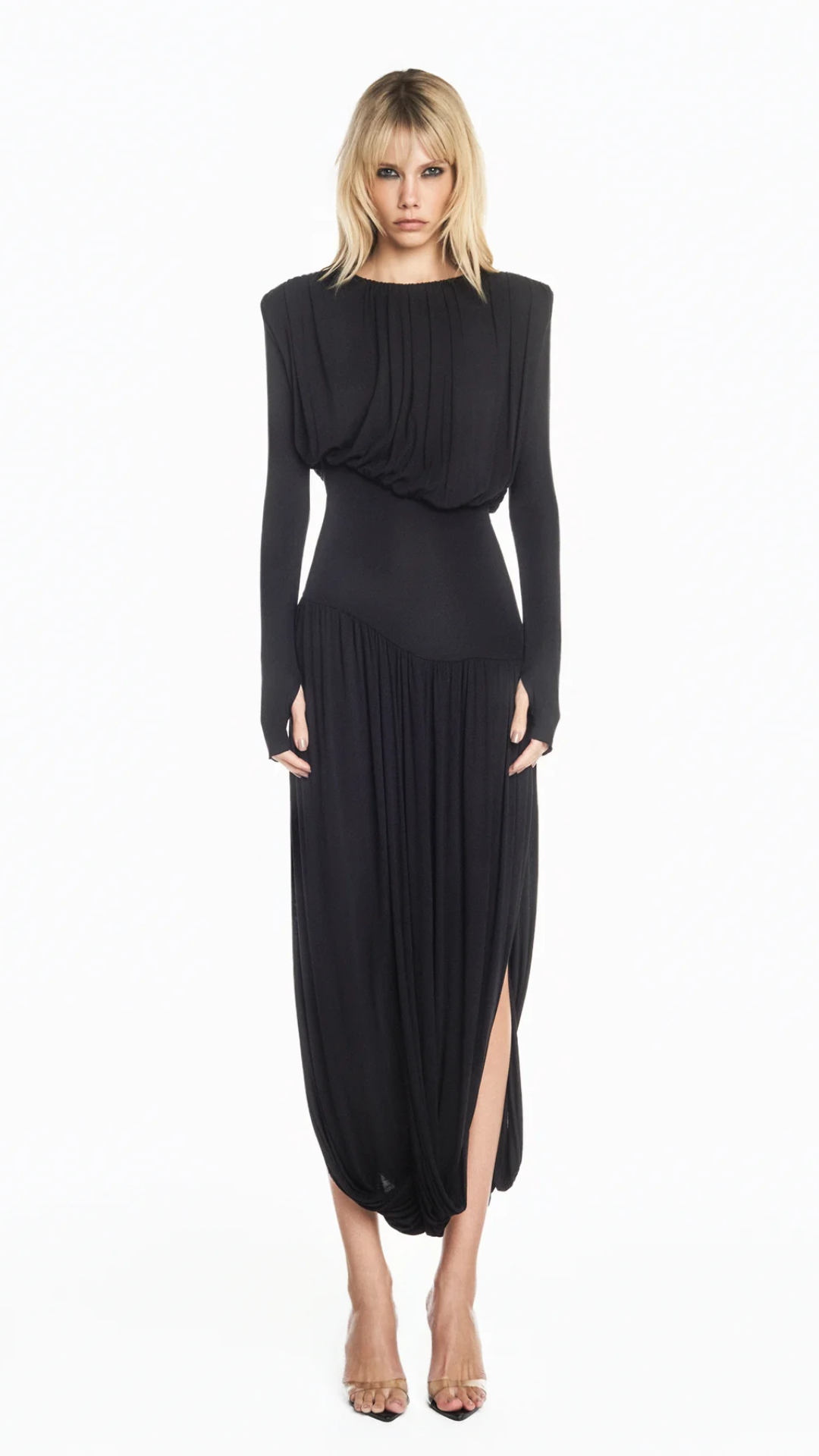 Vestido Longo Manga Longa Saia Torcida Corpo Drapeado Malha Preto