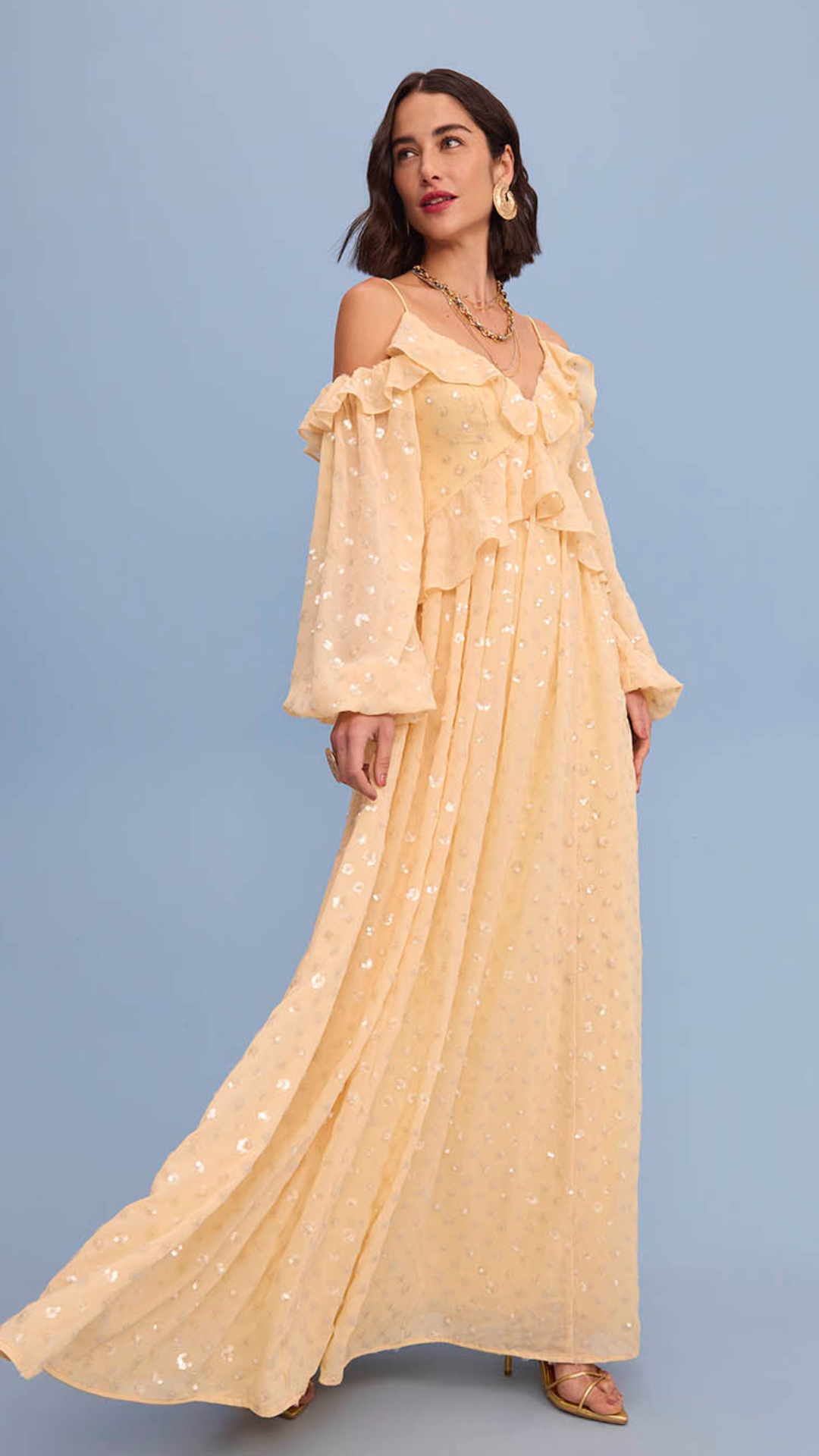 Vestido Chiffon Paetê Amarelo Honey Comb
