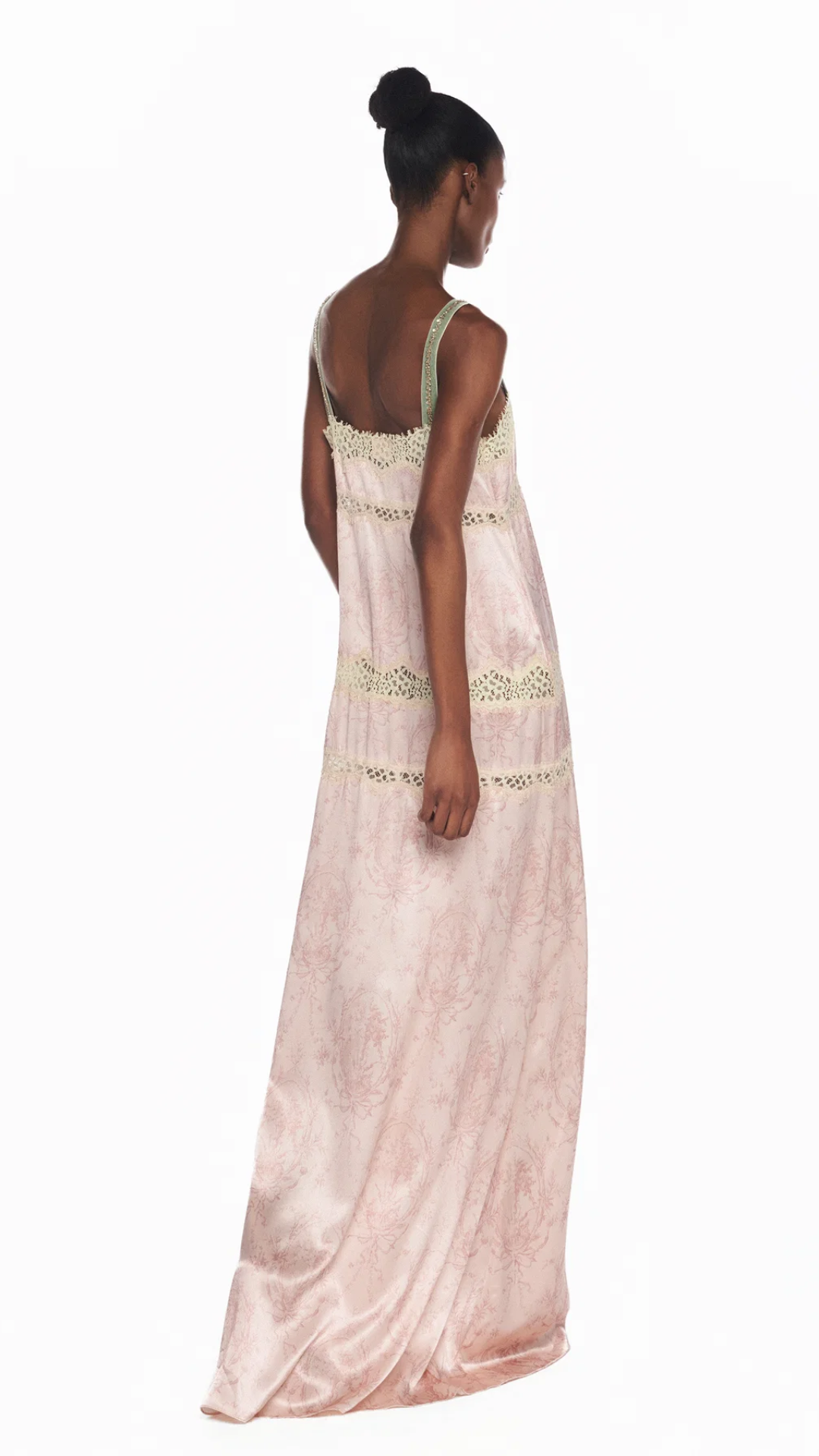 Vestido Longo Cetim Laço Rosa Renda Bege