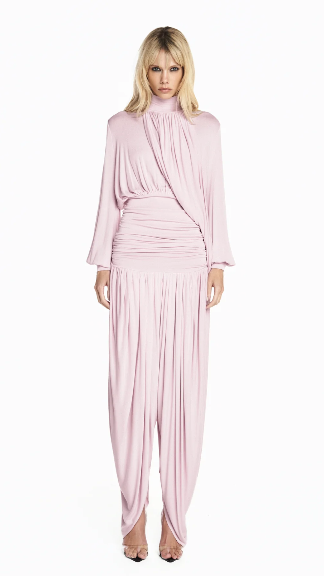 Calça Pala Drapeada Perna Ampla Malha Rosa