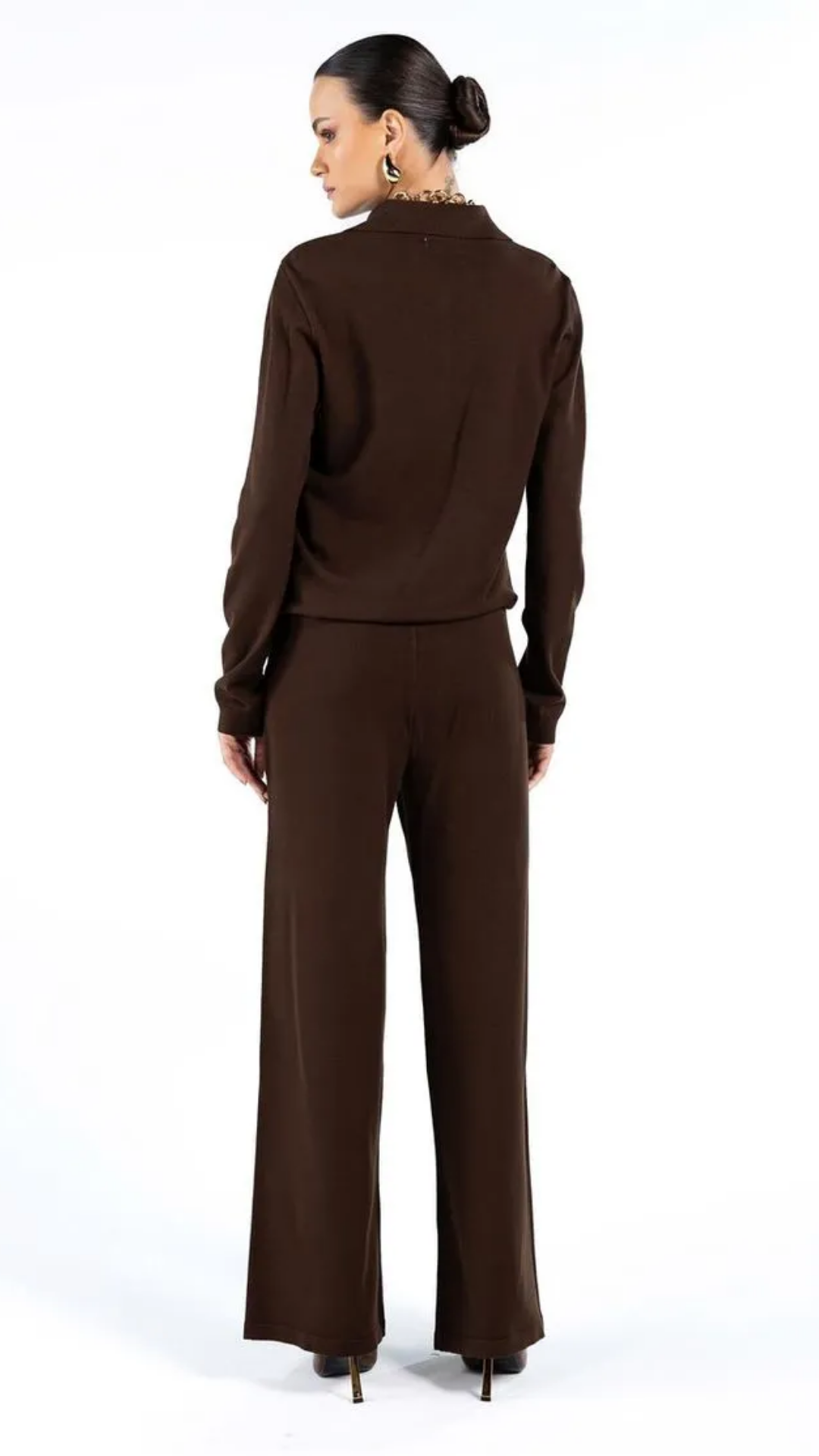 Conjunto de Tricot Gola Polo e Calça Marrom