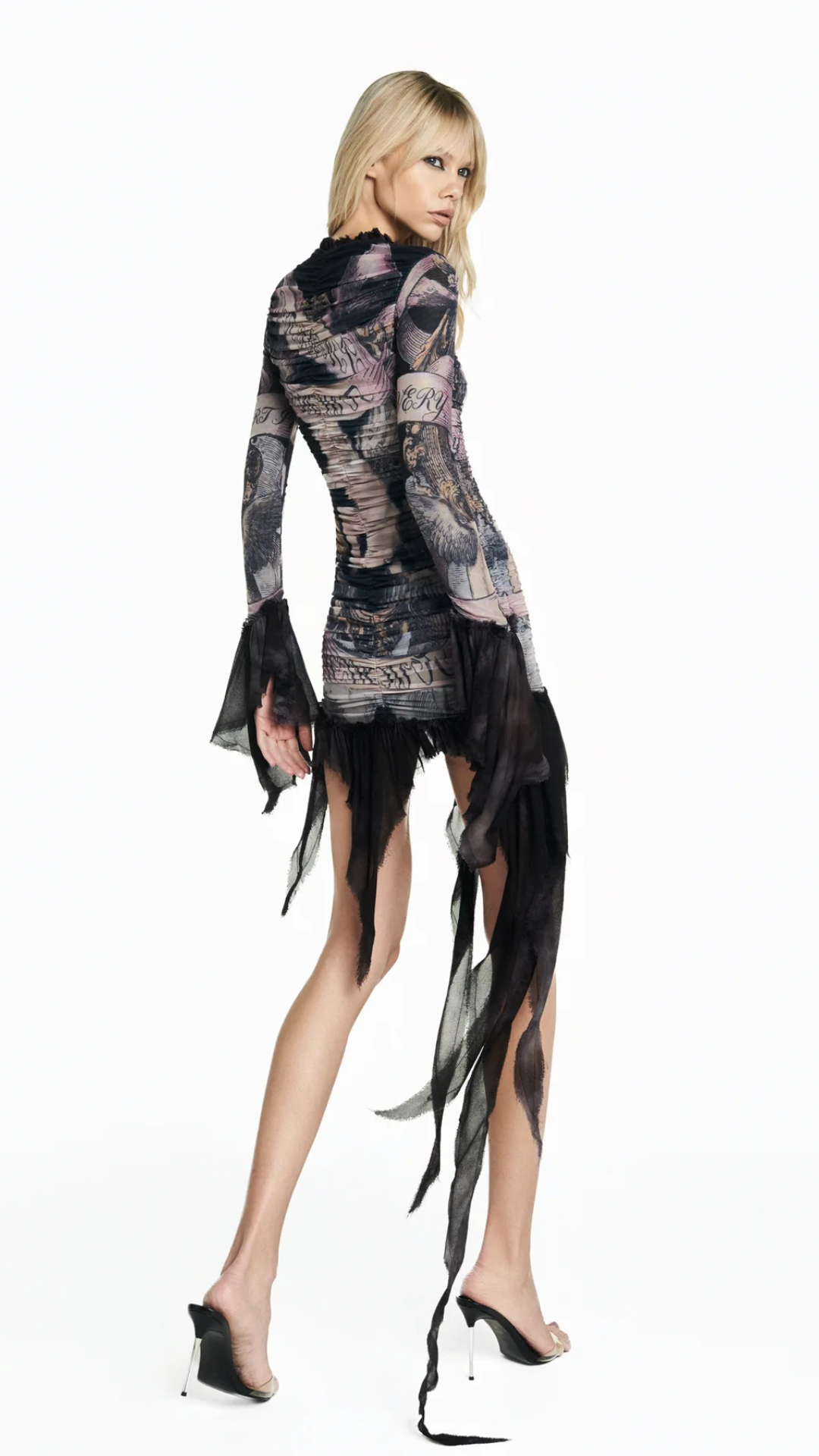 Vestido Curto Drapeado Manga Longa Tule Angel Preto
