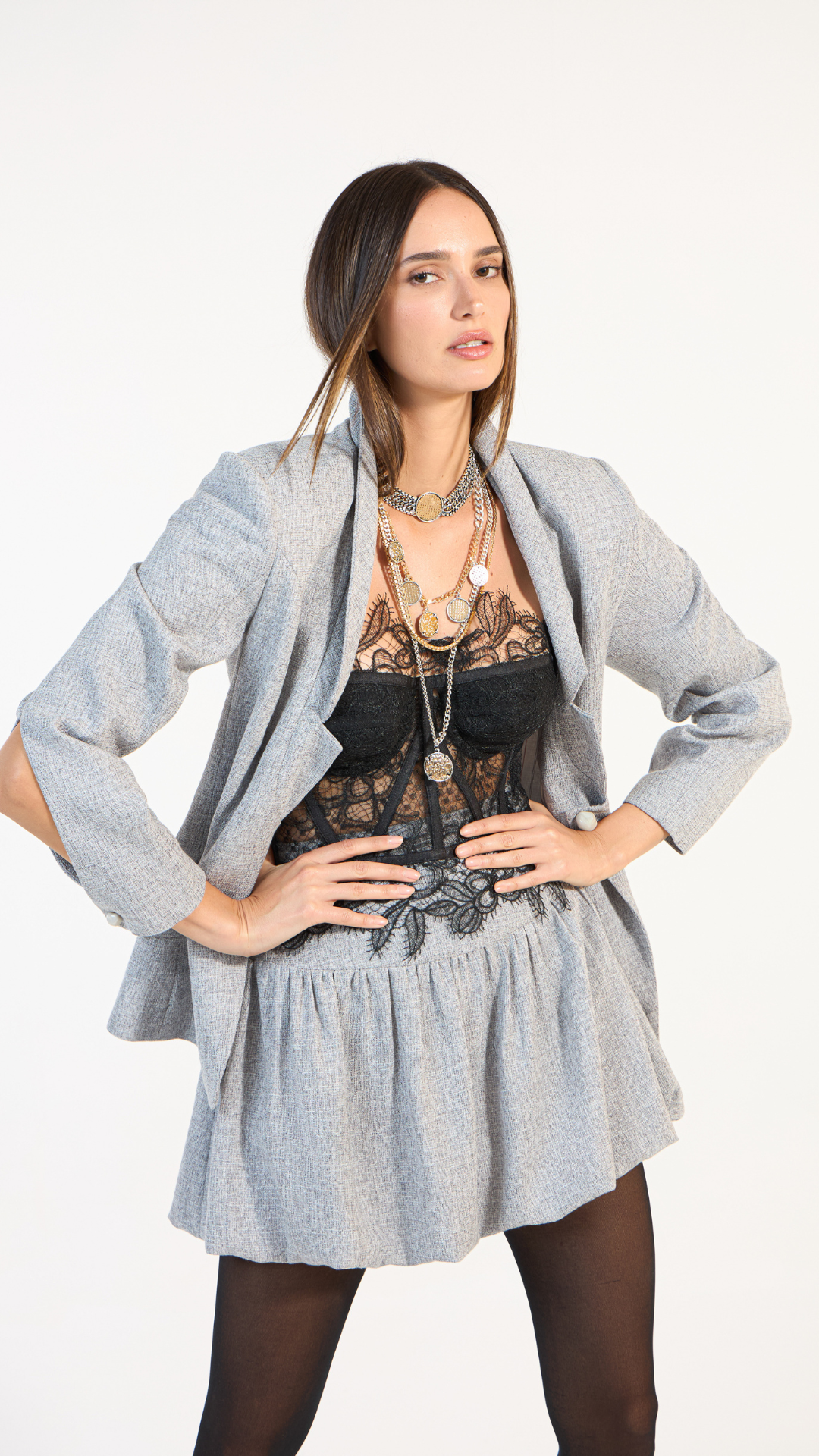 Saia Balonê em Tweed Cinza Saville