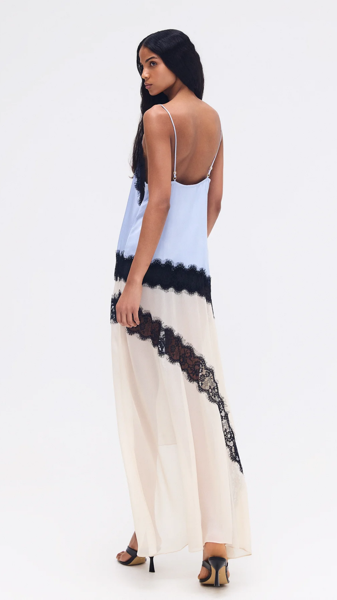 Vestido Longo Cetim Azul e Bege Renda Preta
