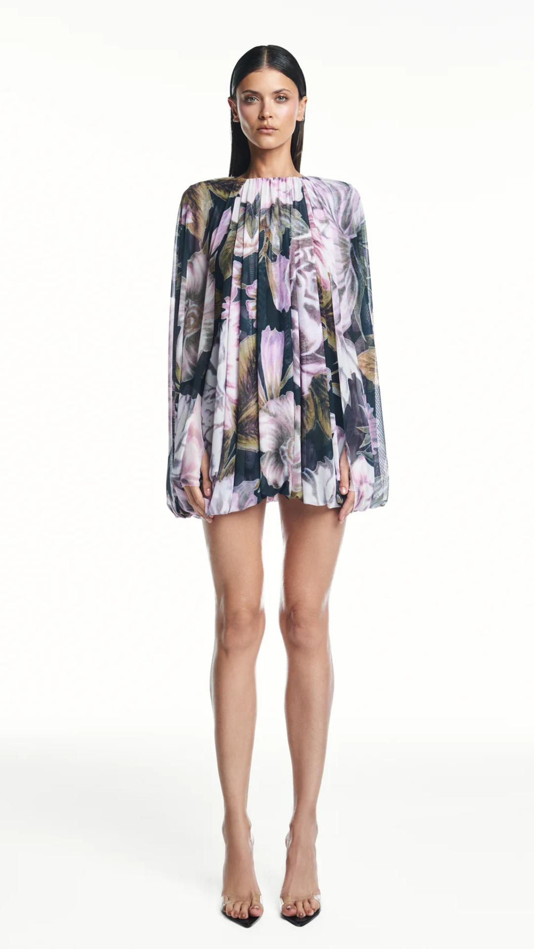 Vestido Curto Amplo Balonê Capa Tule Floral Preto