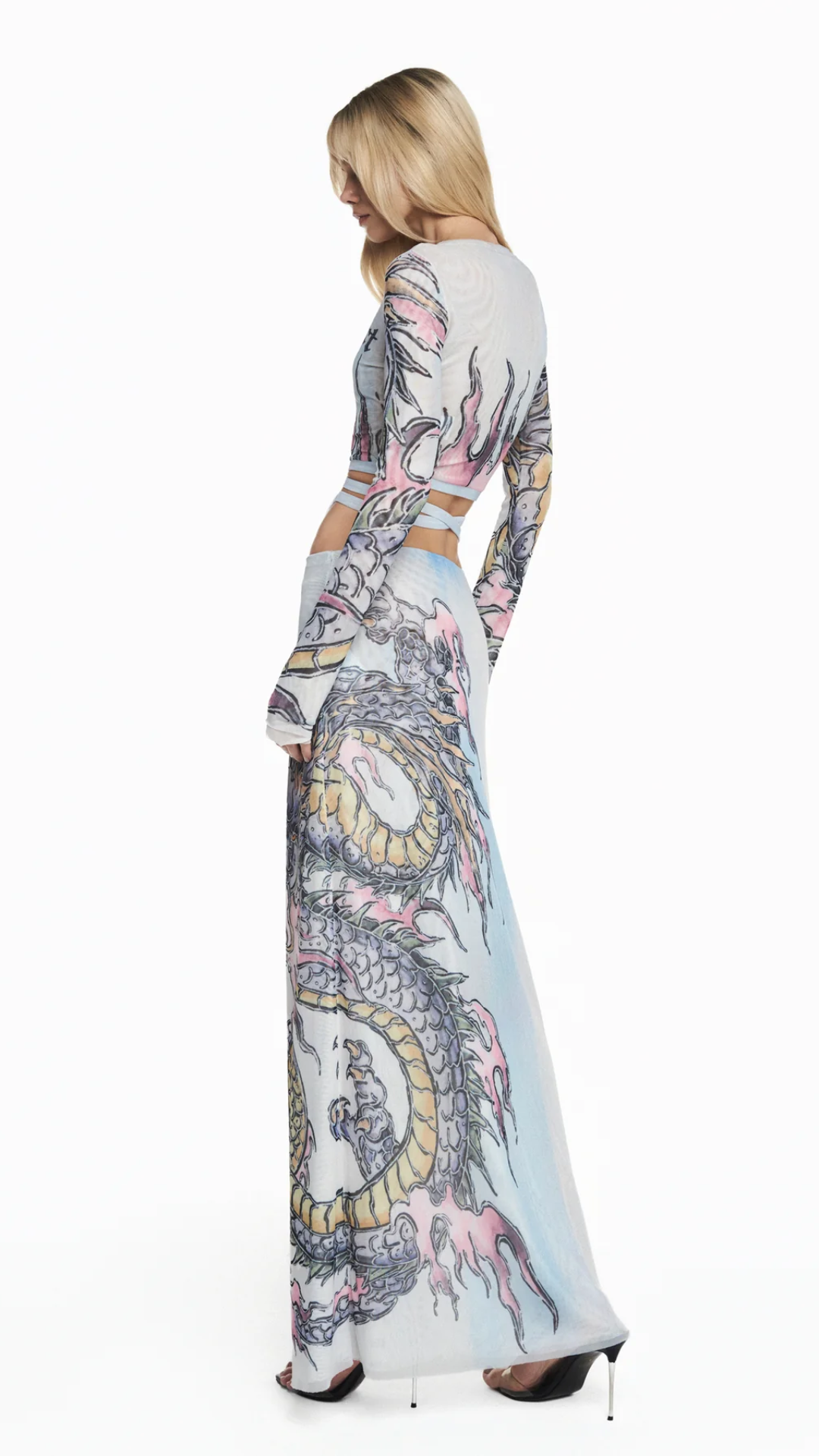 Blusa Cropped Manga Longa Tule Tattoo Dragão