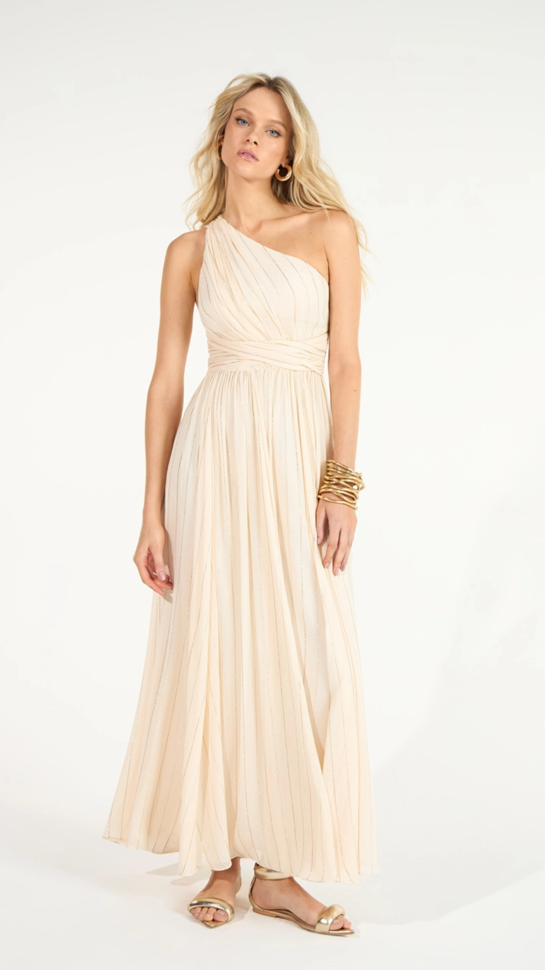 Vestido Maxi Midi Ombro Só Franzido Bege