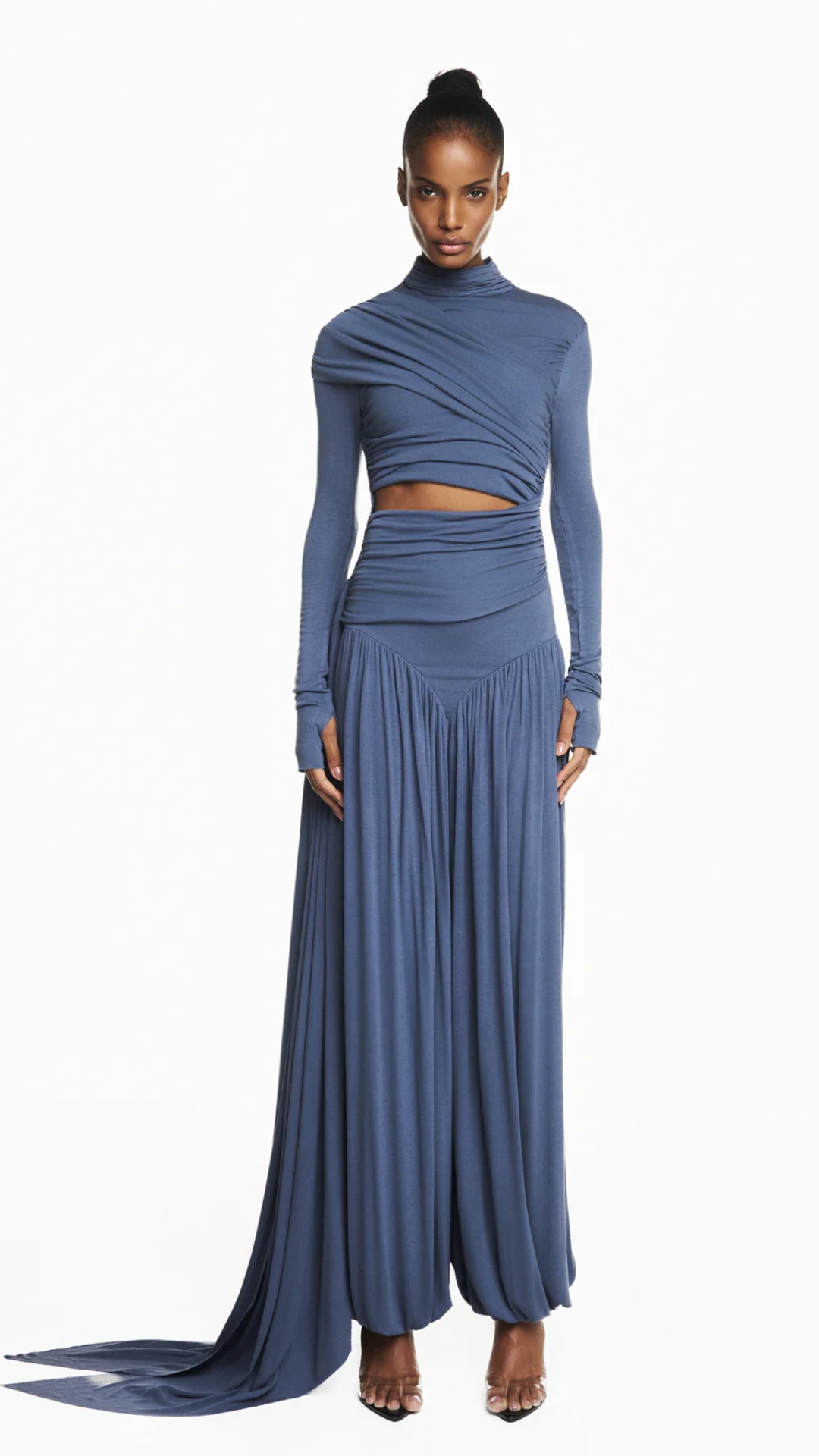 Blusa Gola Alta Manga Longa Transpasse Malha Azul