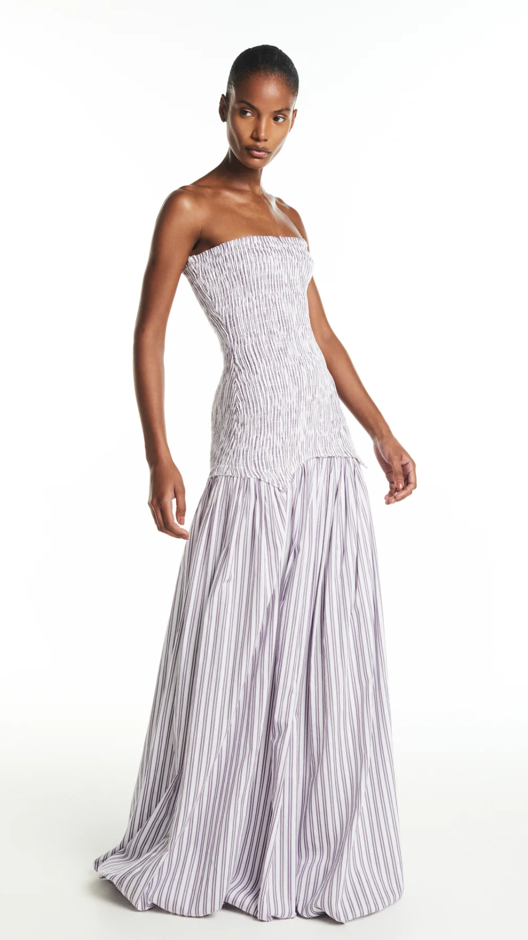 Vestido Longo Balonê Tomara que Caia Lilás e Off White