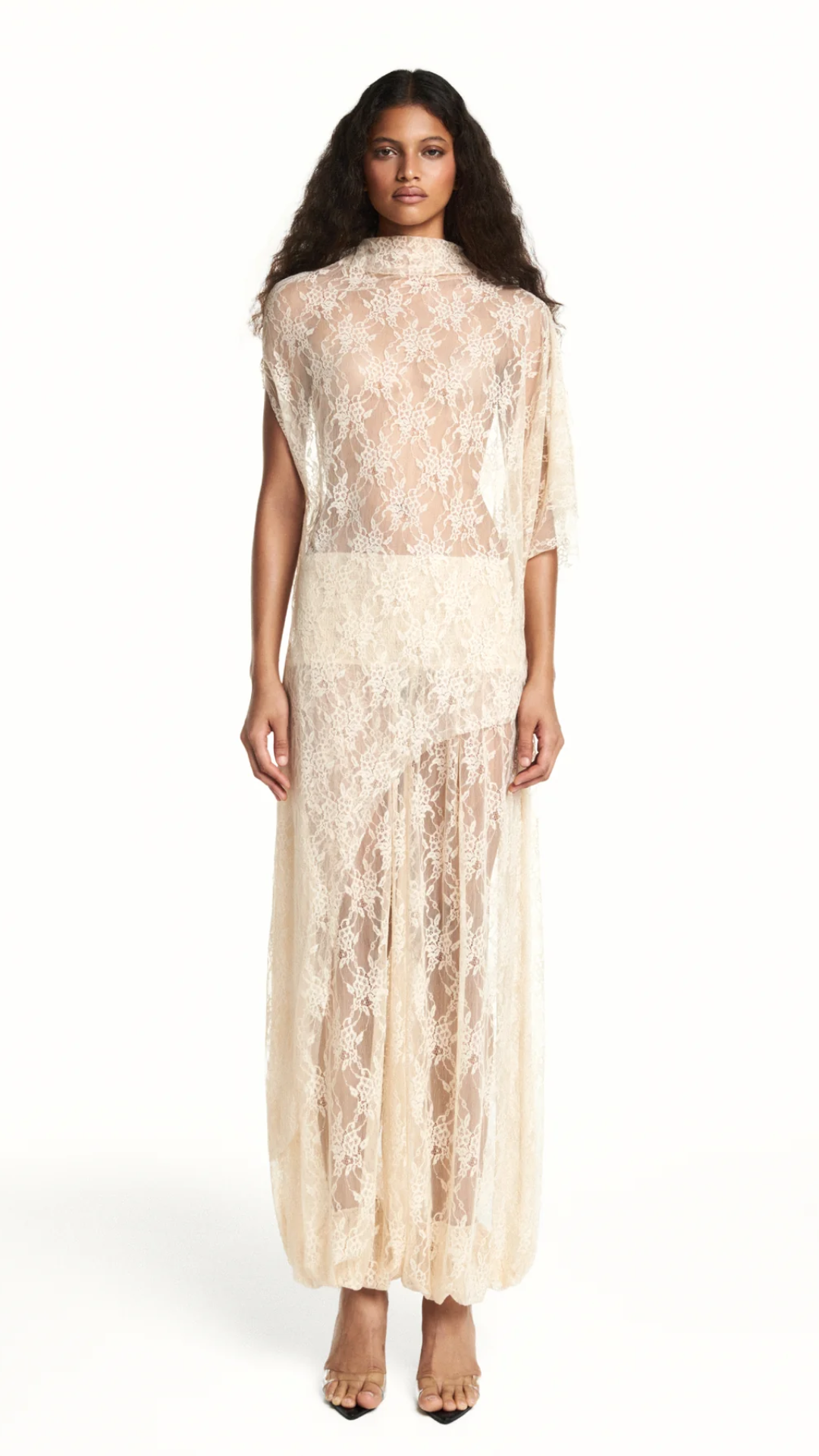 Blusa Kaftan Assimétrica Renda Bege