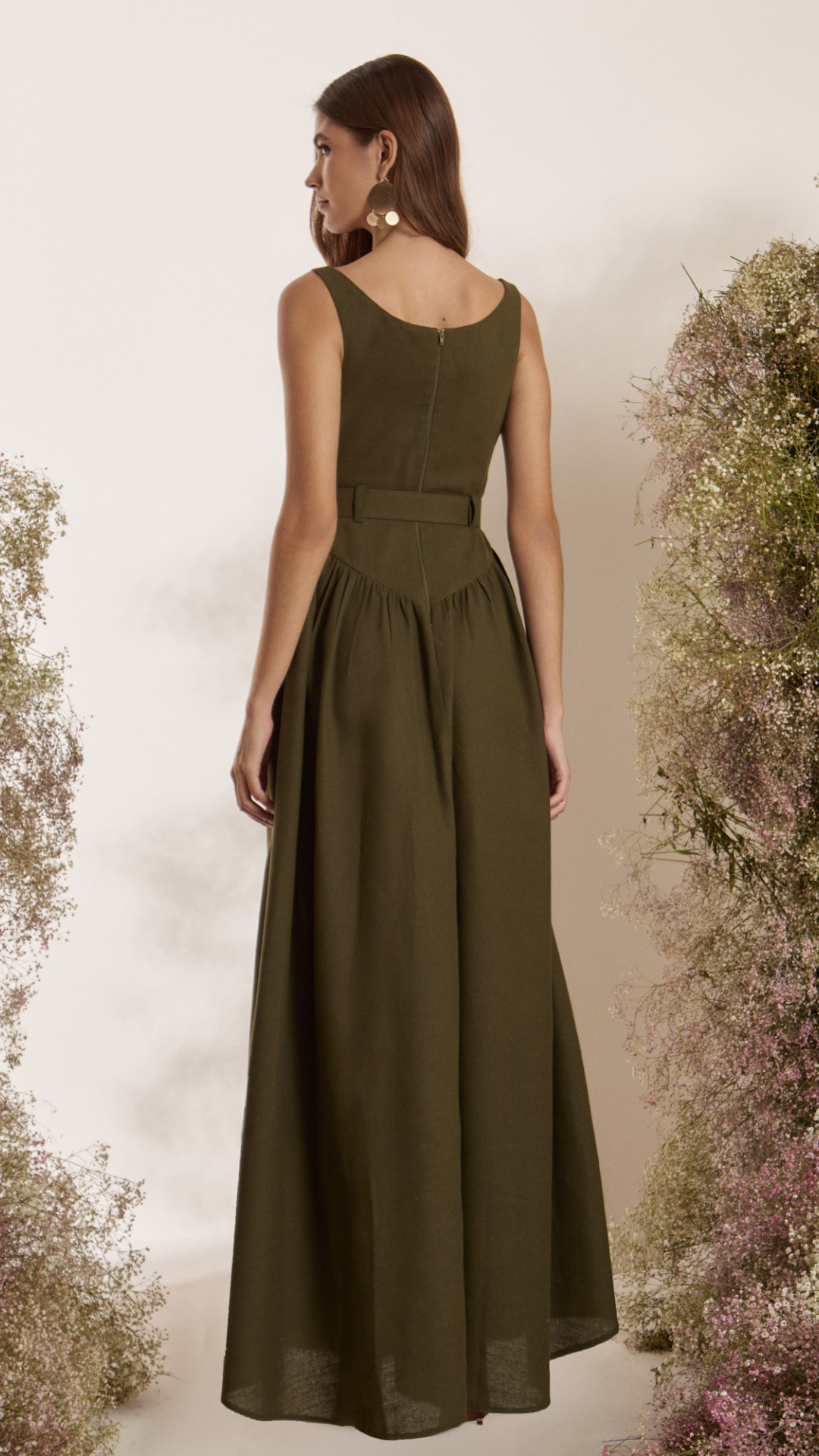 Vestido Longo Eco Linho Cinto Oliva