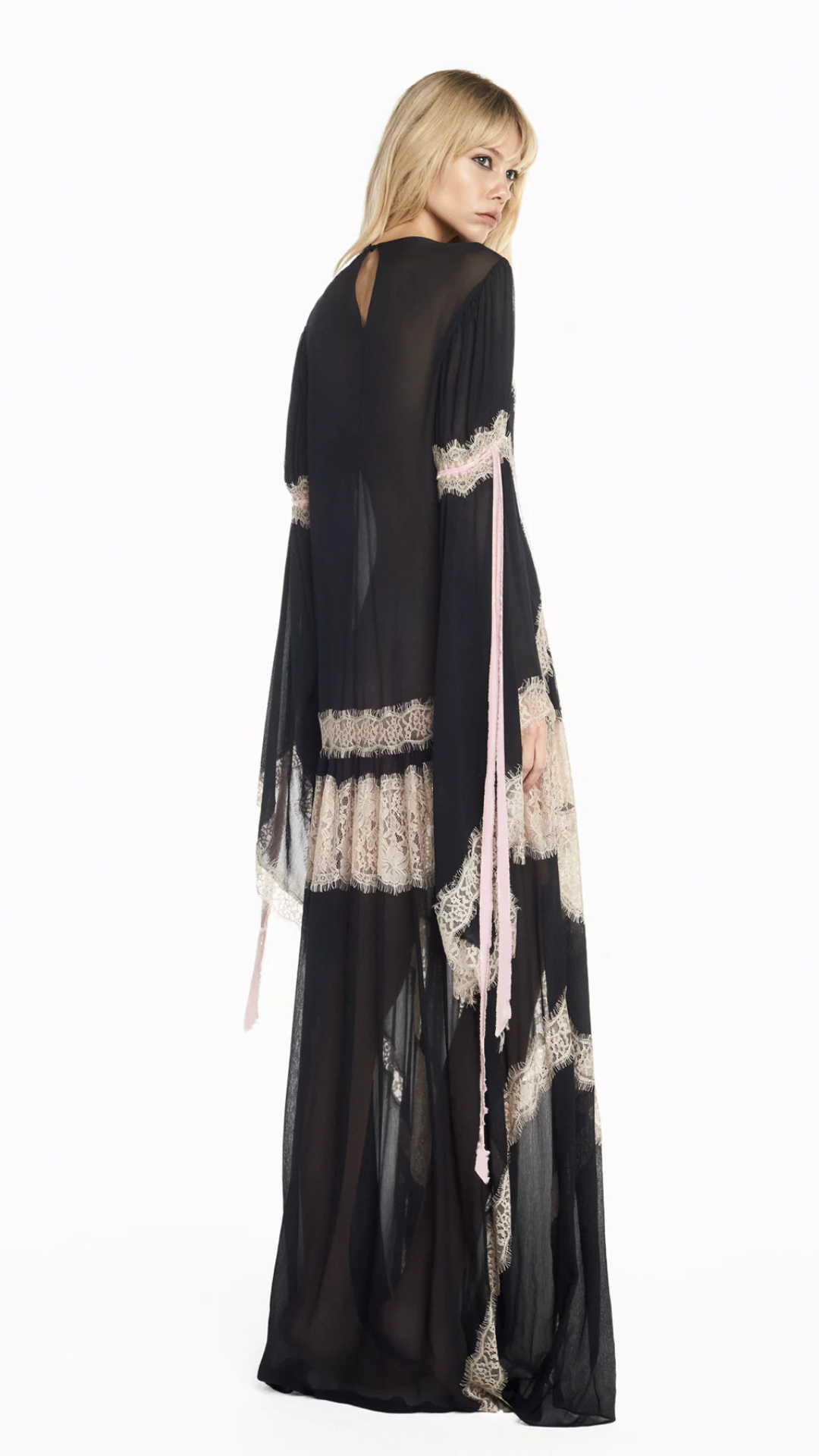 Vestido Longo Chiffon Preto com Renda Bege
