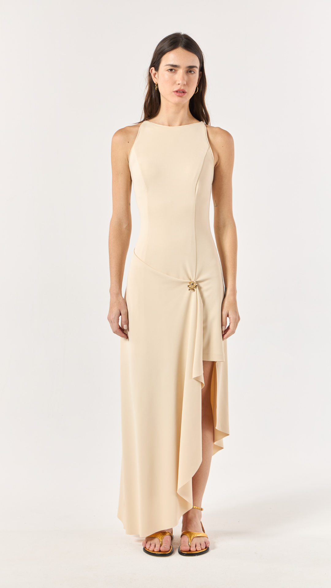Vestido Midi Drapê Bege Tanami
