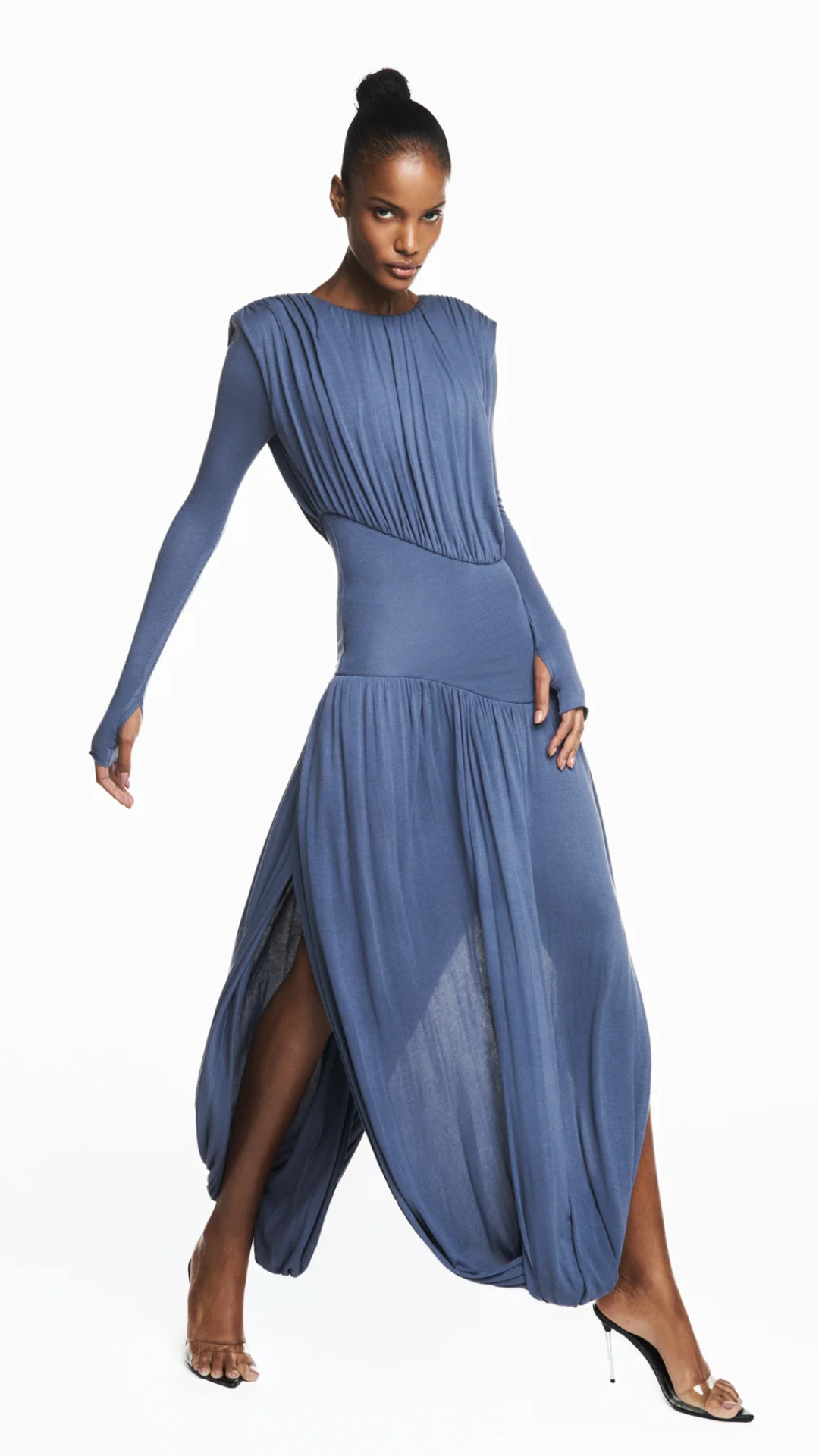 Vestido Longo Manga Longa Saia Torcida Corpo Drapeado Malha Azul