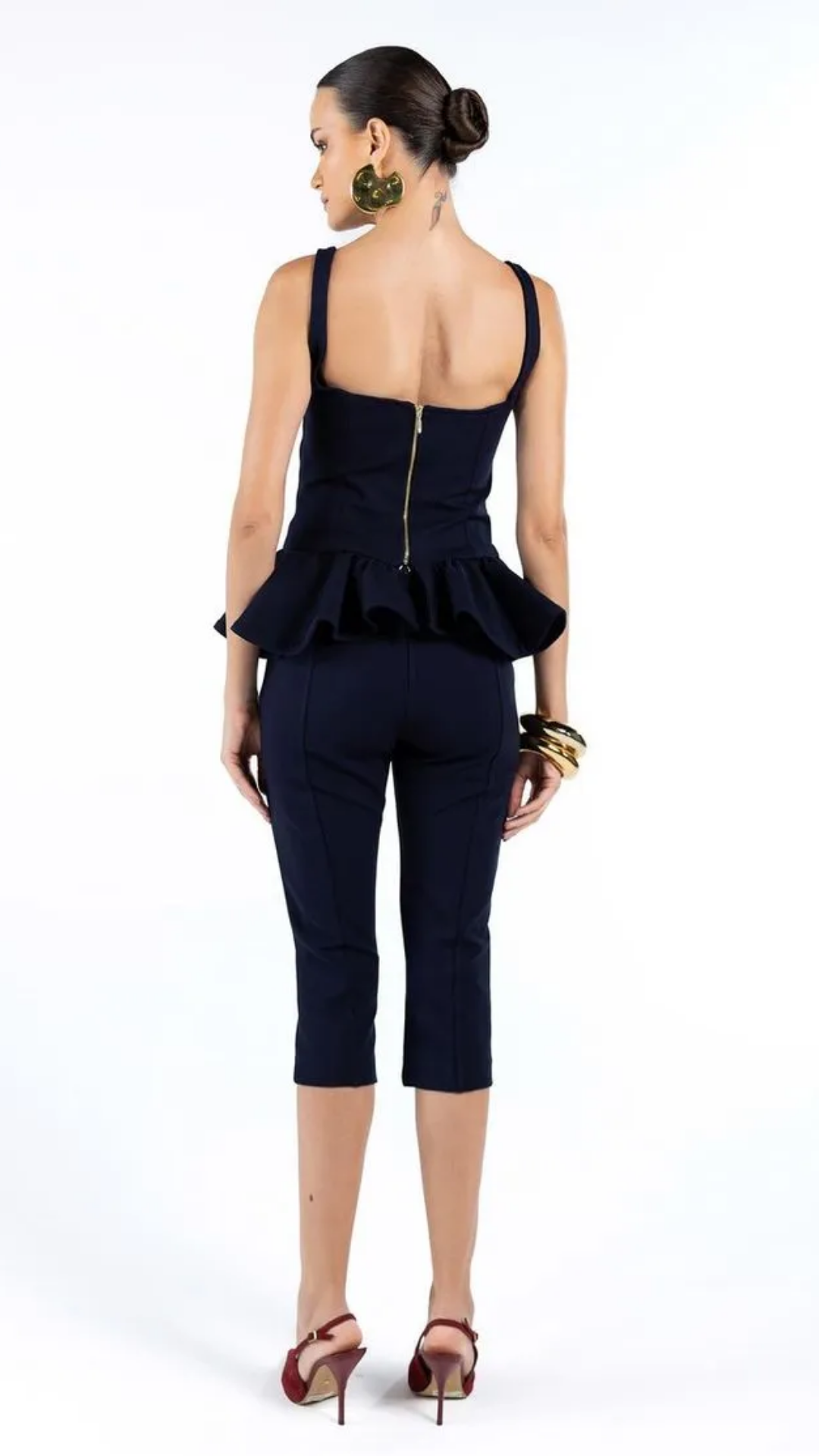 Conjunto Corset Peplum e Calça Corsário Azul Marinho