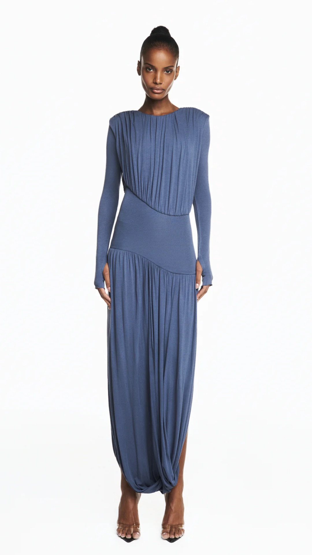 Vestido Longo Manga Longa Saia Torcida Corpo Drapeado Malha Azul