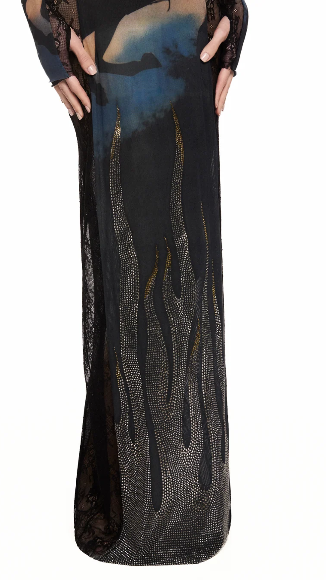 Vestido Longo Manga Longa Tule e Renda Wild Fire