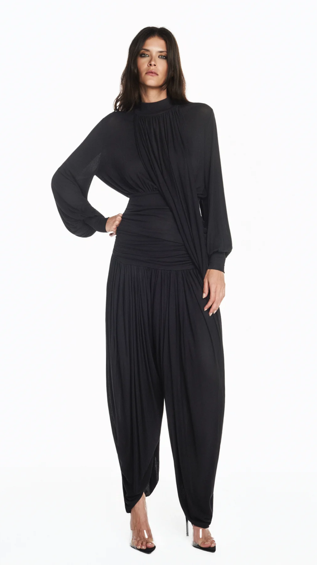 Calça Pala Drapeada Perna Ampla Malha Preta