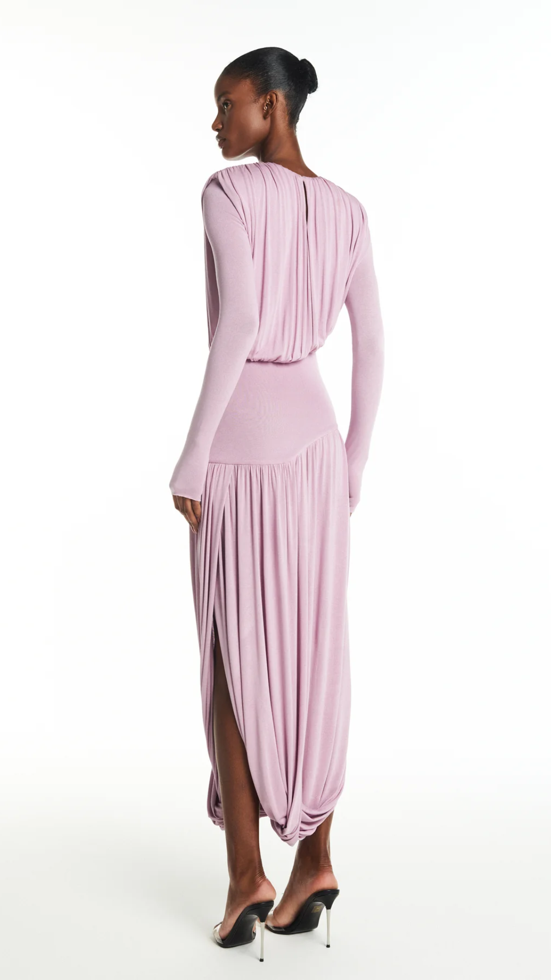 Vestido Longo Manga Longa Drapeado Lavanda