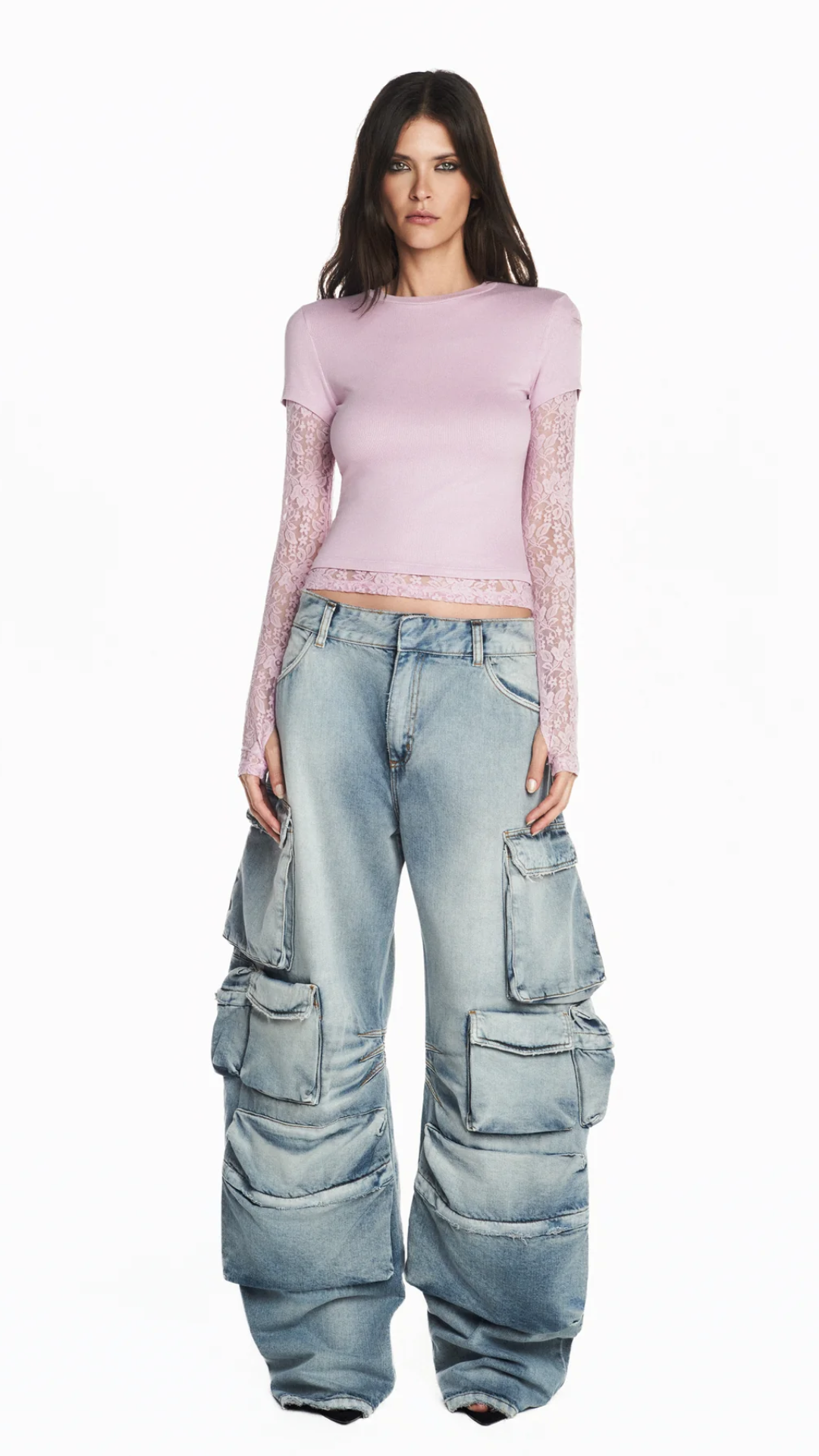 Camiseta Sobreposição Manga Renda Lilás